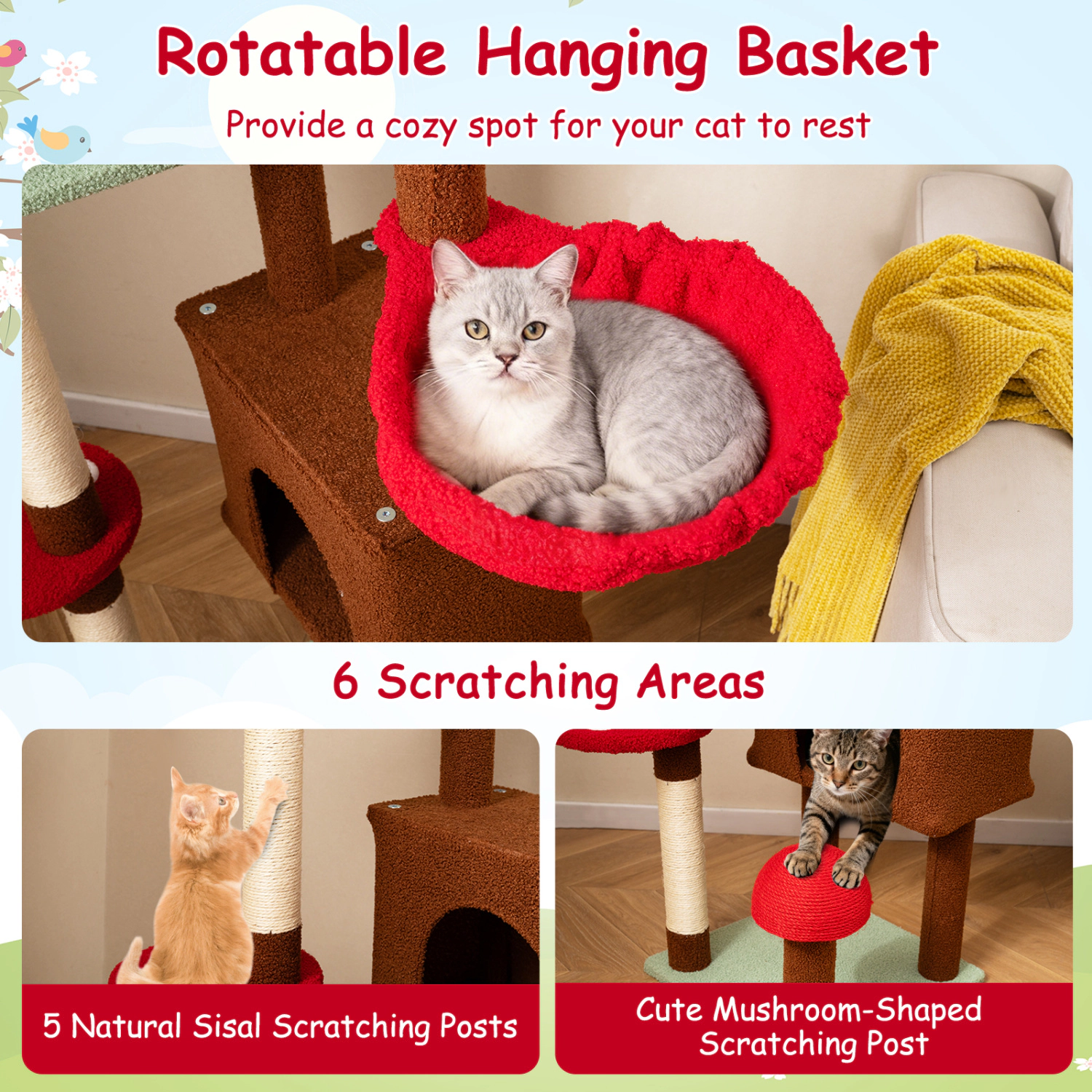 SUGIFT Height Adjustable Floor to Ceiling Cat Tree with Condo Hammock & Basket 22-lb Tiers 11-lb Hammock & Basket Brown
