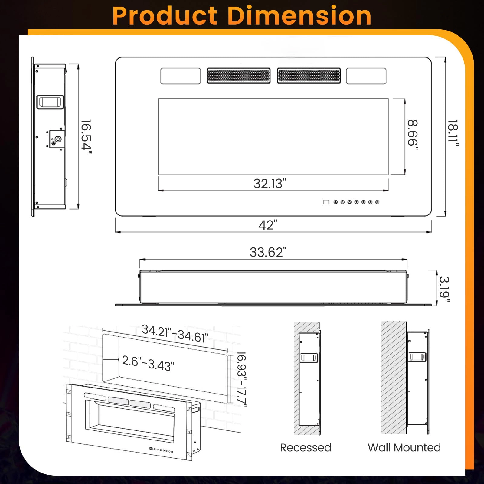 SUGIFT 42-in Decorative Crystals Smart App Control Ultra-Thin Electric Fireplace 42-in x 3.19-in x 18.11-in 1500W Black