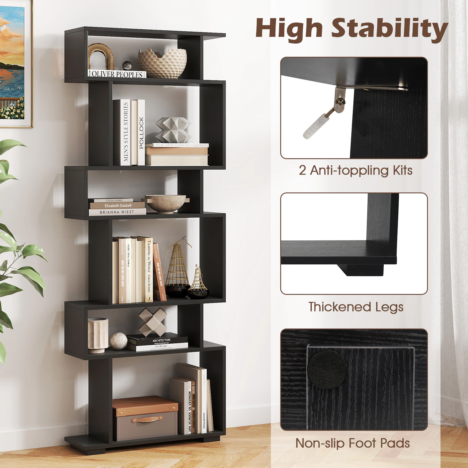 Costway 6-tier Storage Bookshelf S-shaped Geometric Bookcase with Anti-toppling Kits Orange