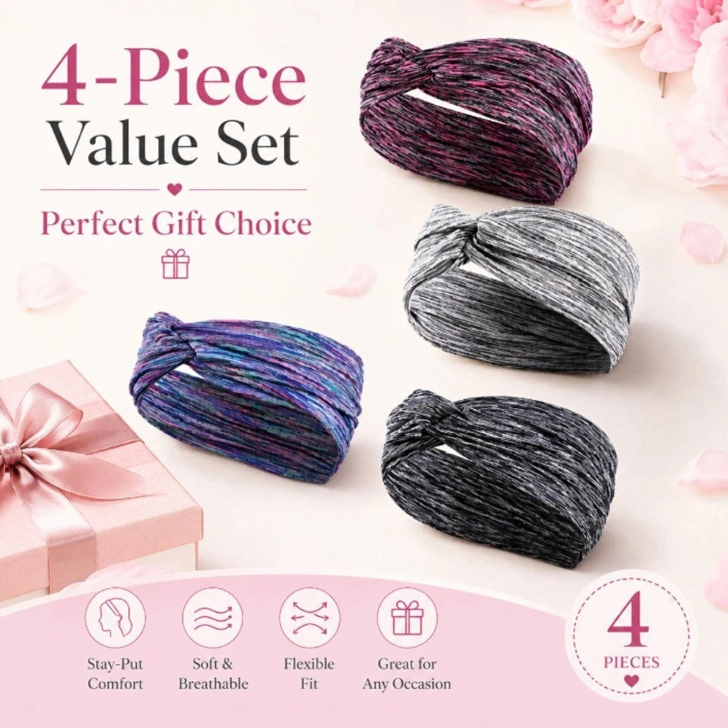 Home Collection Pack of 4 Women's Elastic Turban Headbands for Yoga & Sports