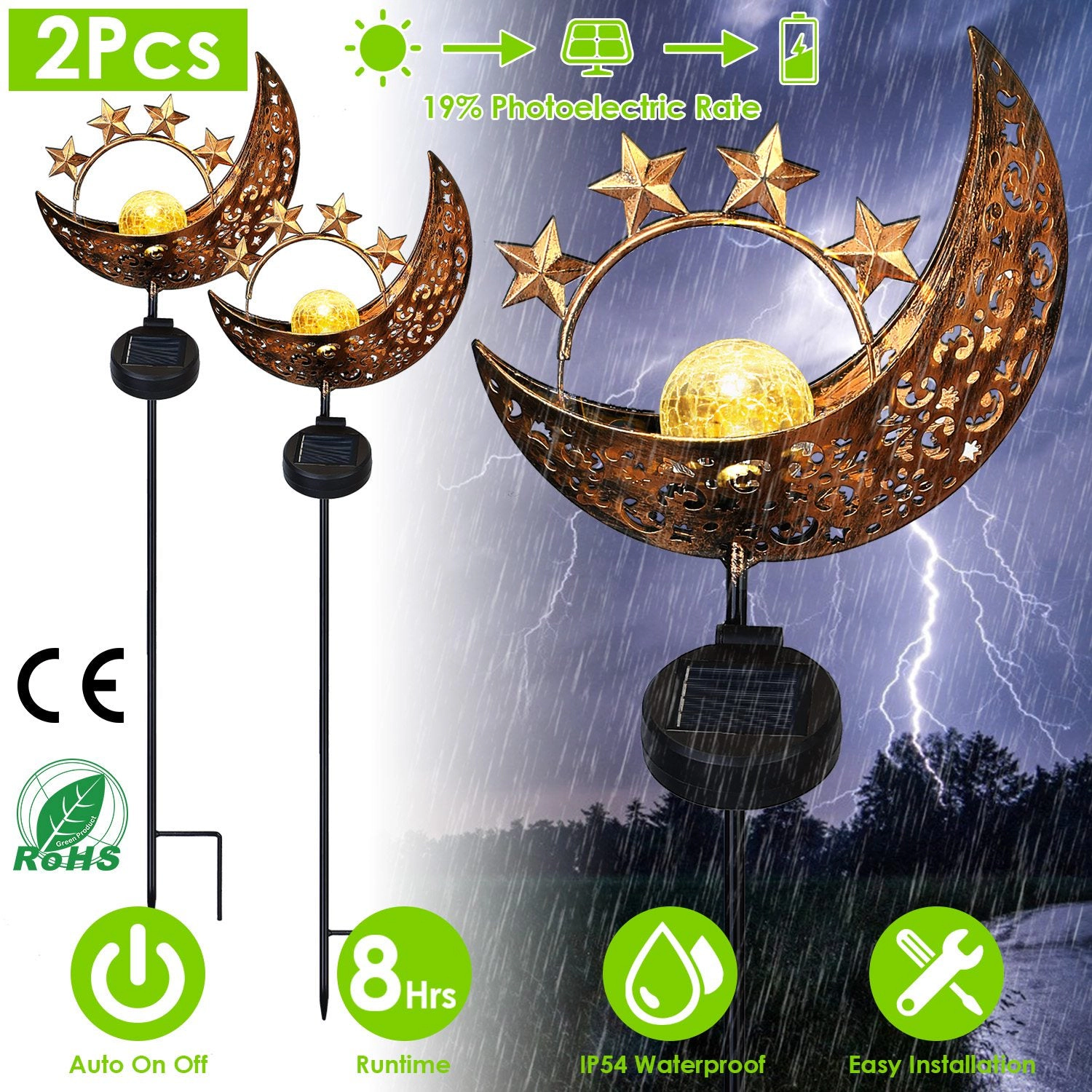 GBruno Solar Moon Star Garden Stake Light 2-Pack
