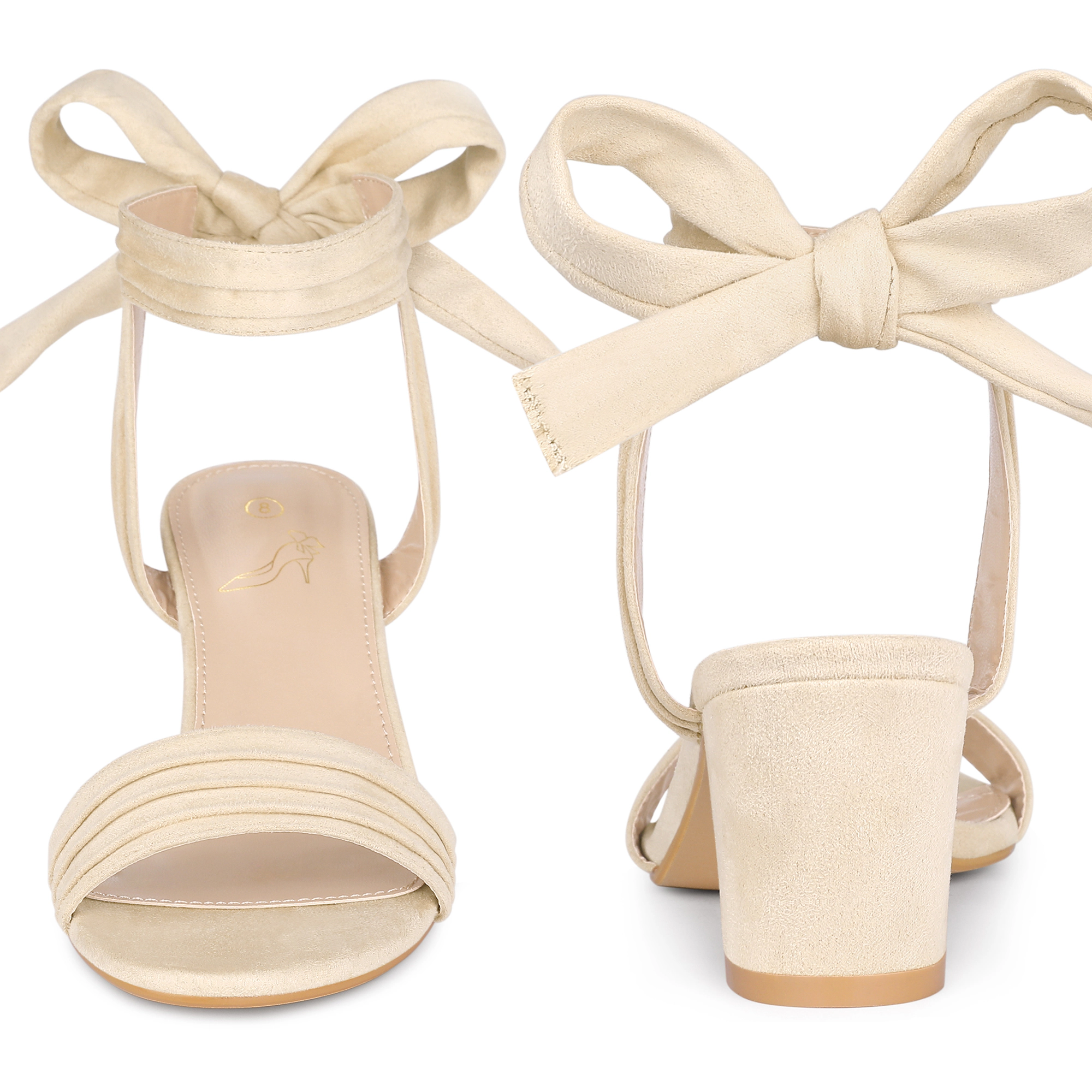 BLISSFUL STEP Women's Faux Suede Pleated Open Toe Lace Up Chunky Heels Sandals
