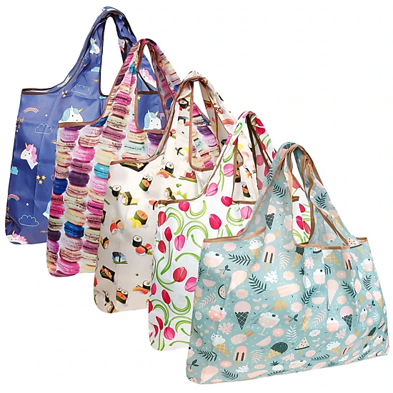 Wrapables Large Nylon Reusable Shopping Bags for Groceries (5 Pack), Fantasy Treats