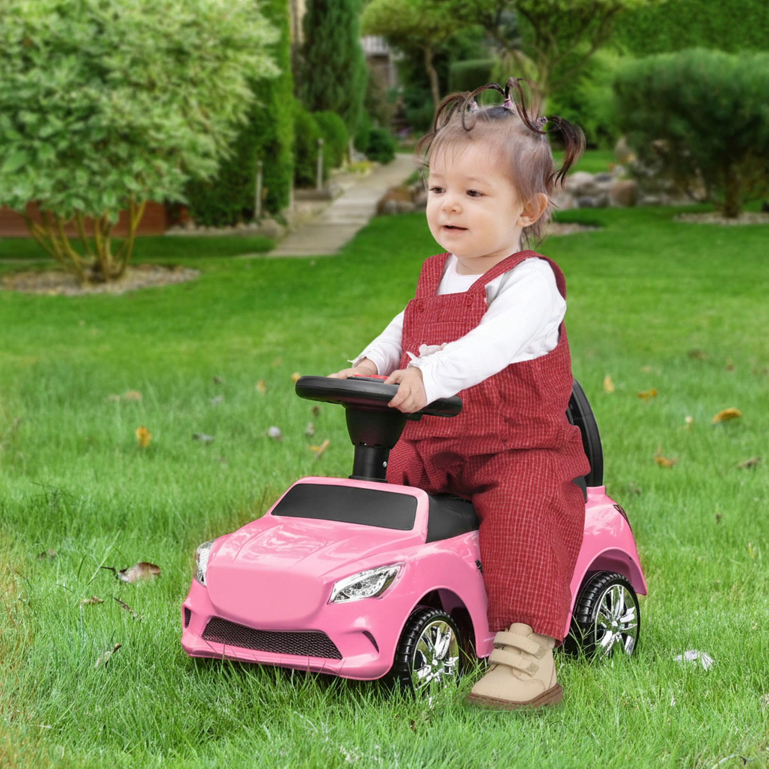 HONGGE Foot-to-Floor Kids Push Ride-On Car with Working Horn, Music and Headlights, Pink