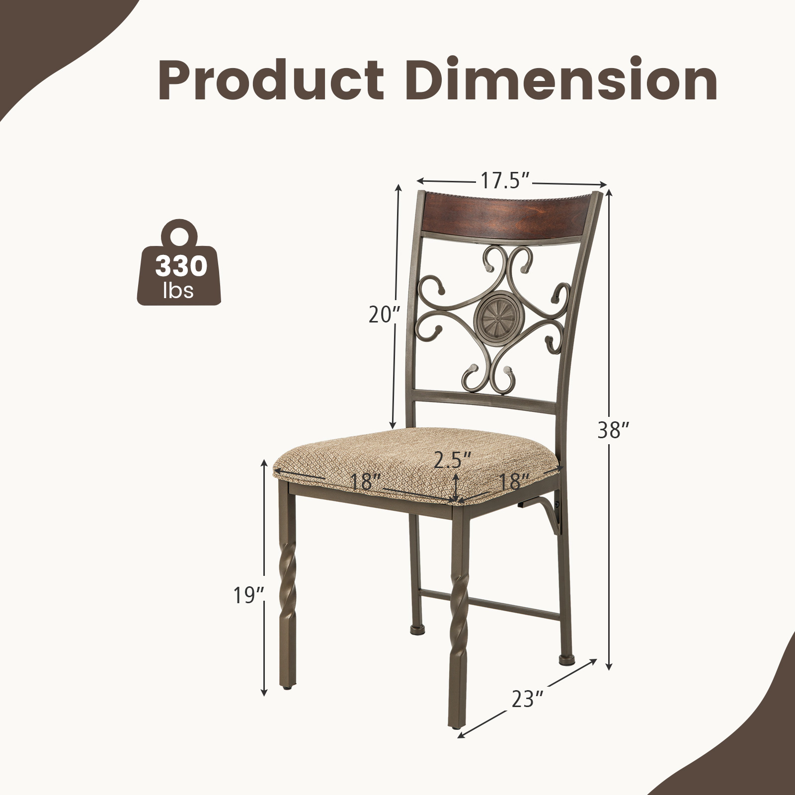 SUGIFT Set of 2 Brown Armless Dining Chairs with Scrolled Metal Back 23-in W 38-in H 330-lb Per Chair