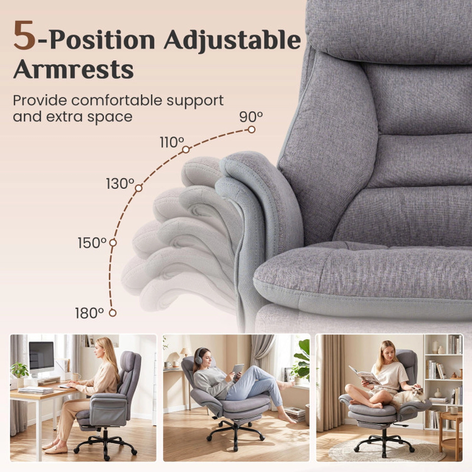 SUGIFT Ergonomic Big and Tall Office Chair with 500-Lb Capacity and Retractable Footrest Gray