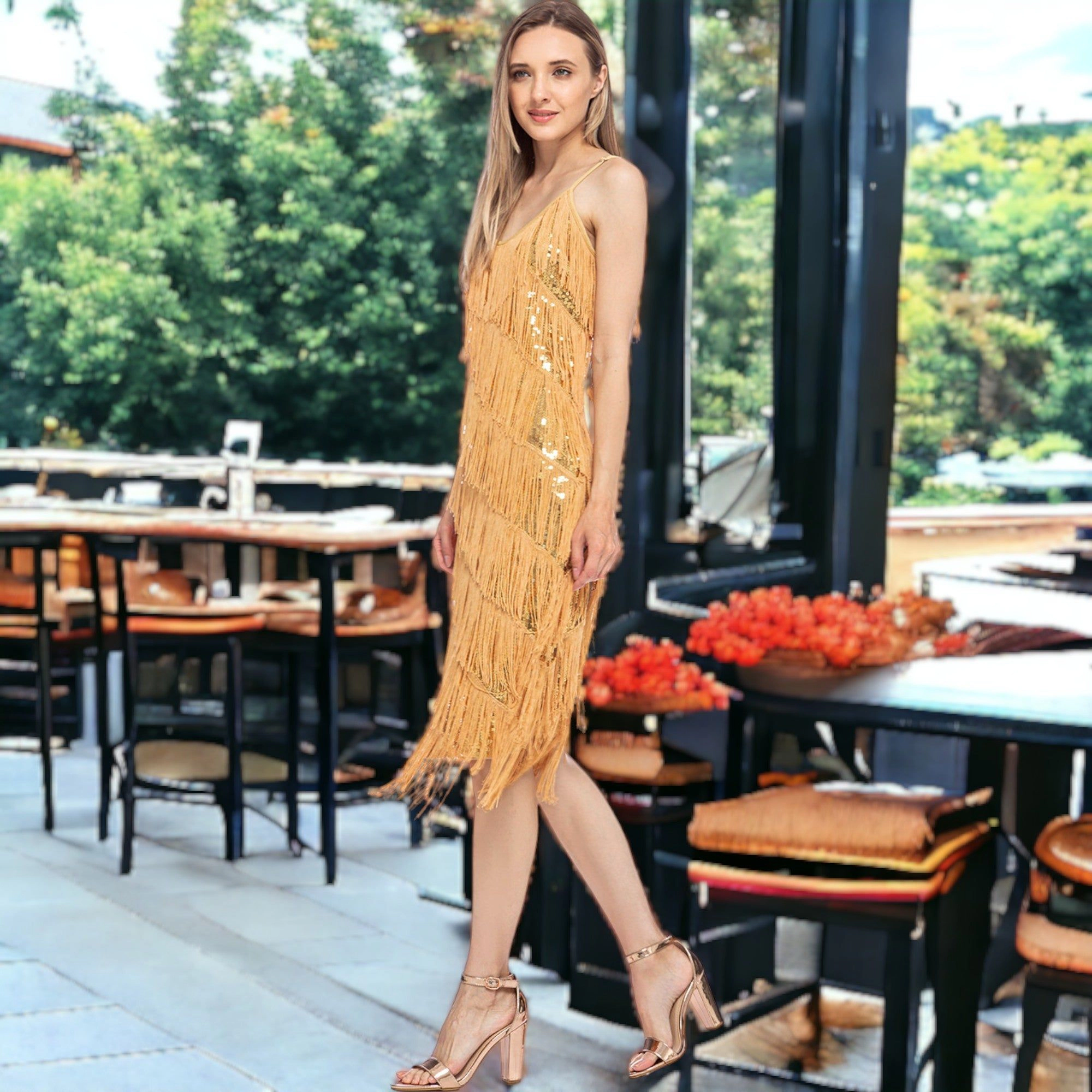 Anna-Kaci Women's Sequin Sleeveless Fringe Flapper Midi Dress for Party Wear
