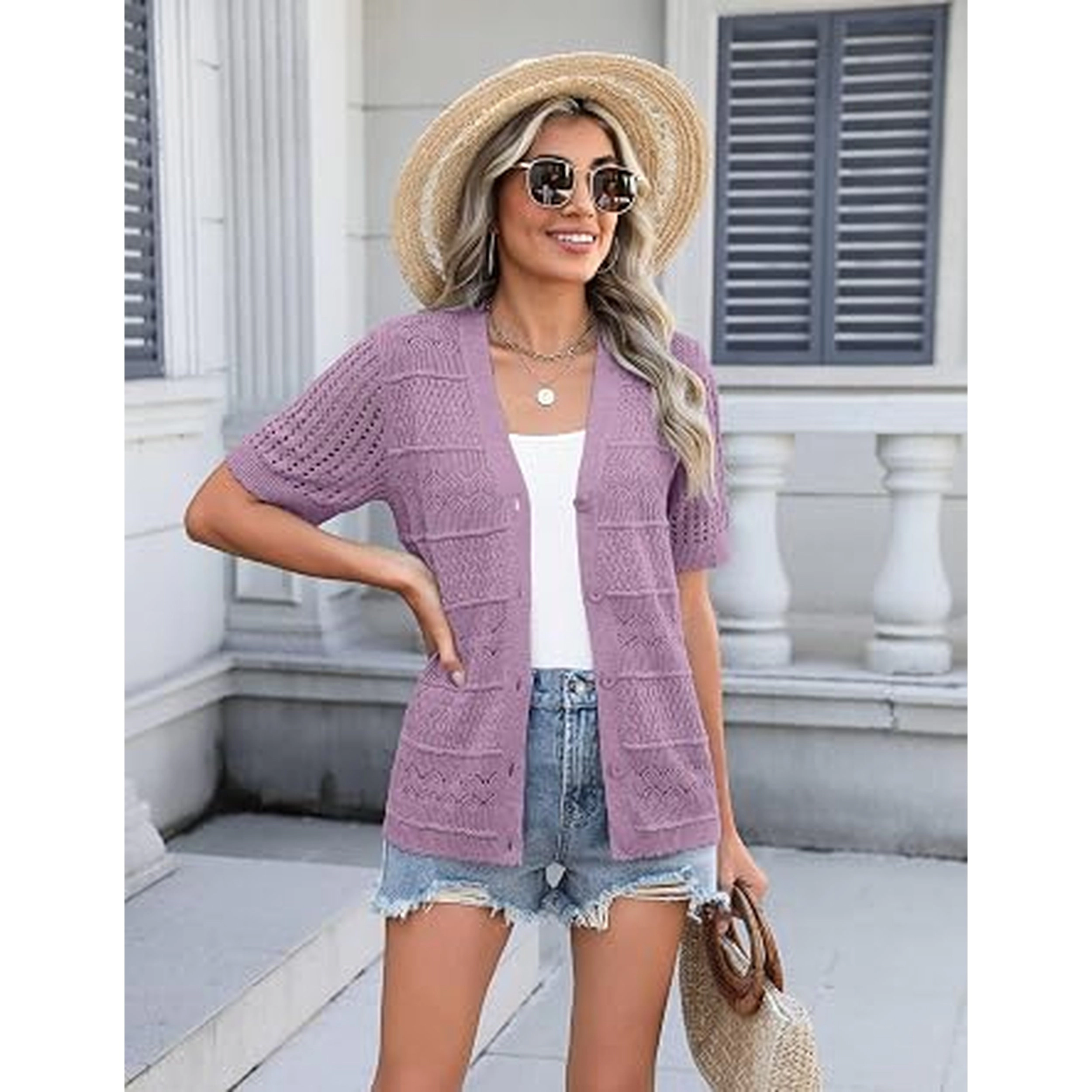 Zeagoo Women's V-Neck Crochet Cropped Short Sleeve Button Up Cardigan