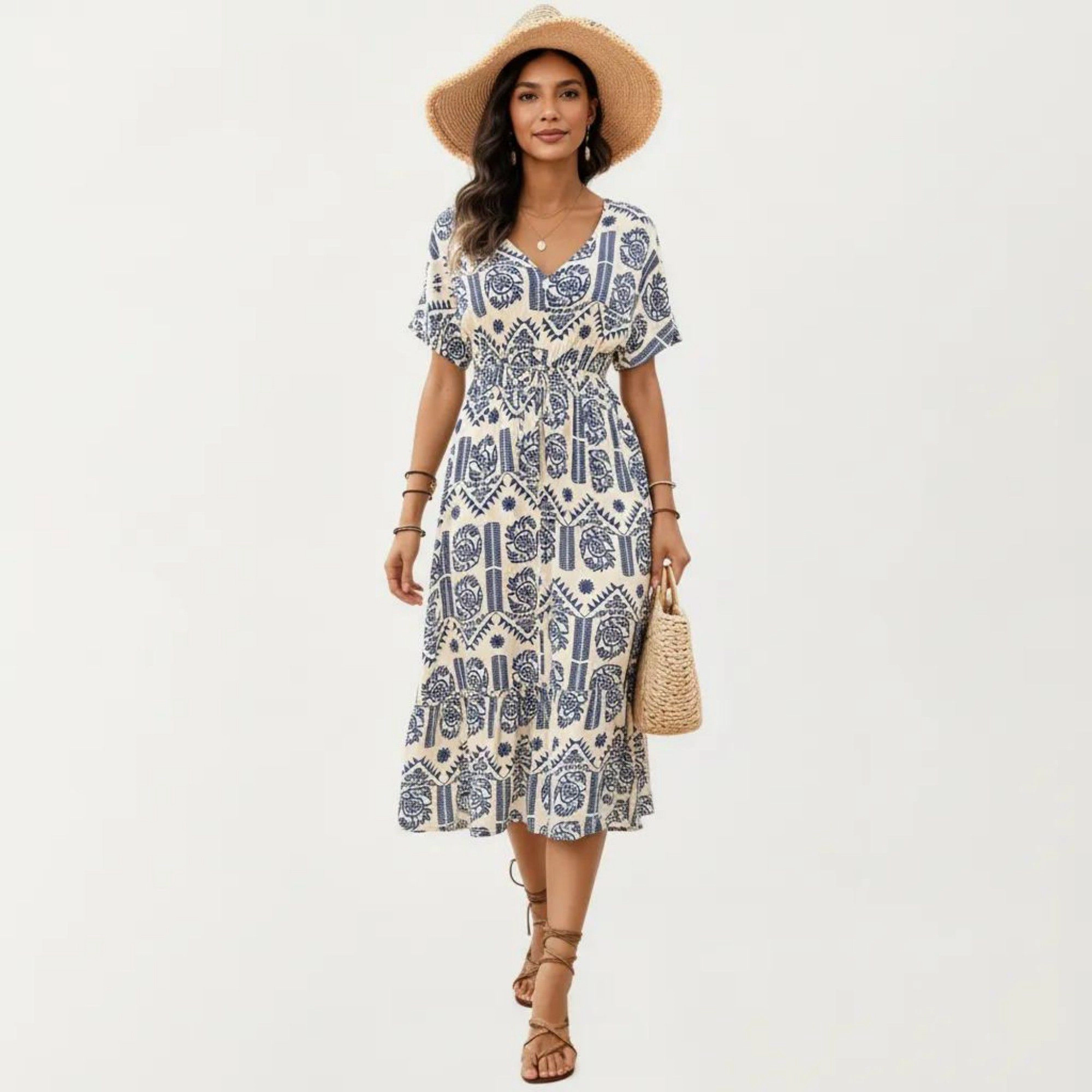 Anna-Kaci Womens Printed V-Neck Drawstring Waist Tiered Midi Dress