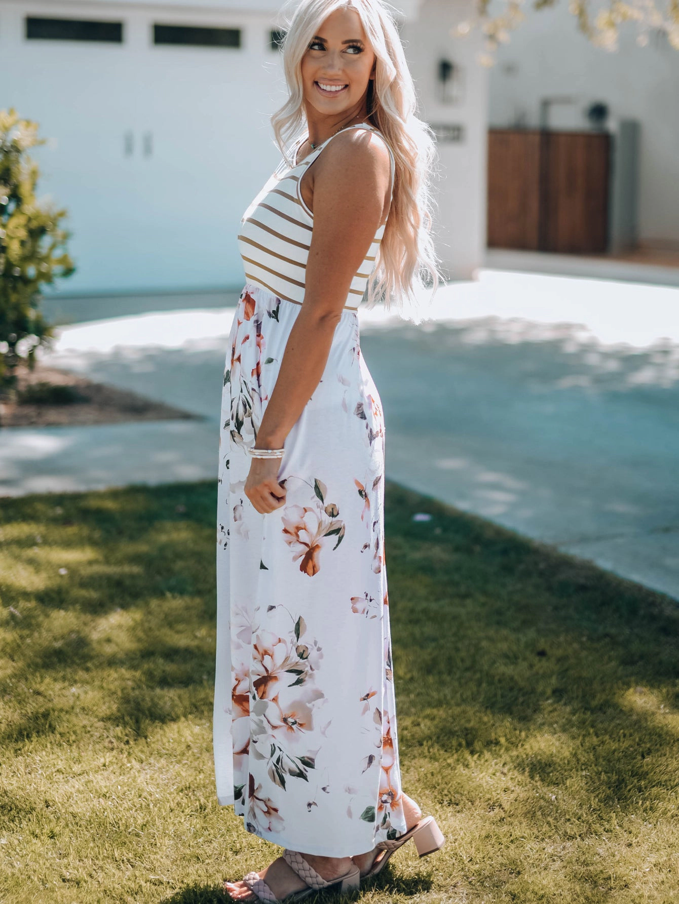 Threaded Pear Women's Zora Striped Floral Sleeveless Maxi Dress with Pocket