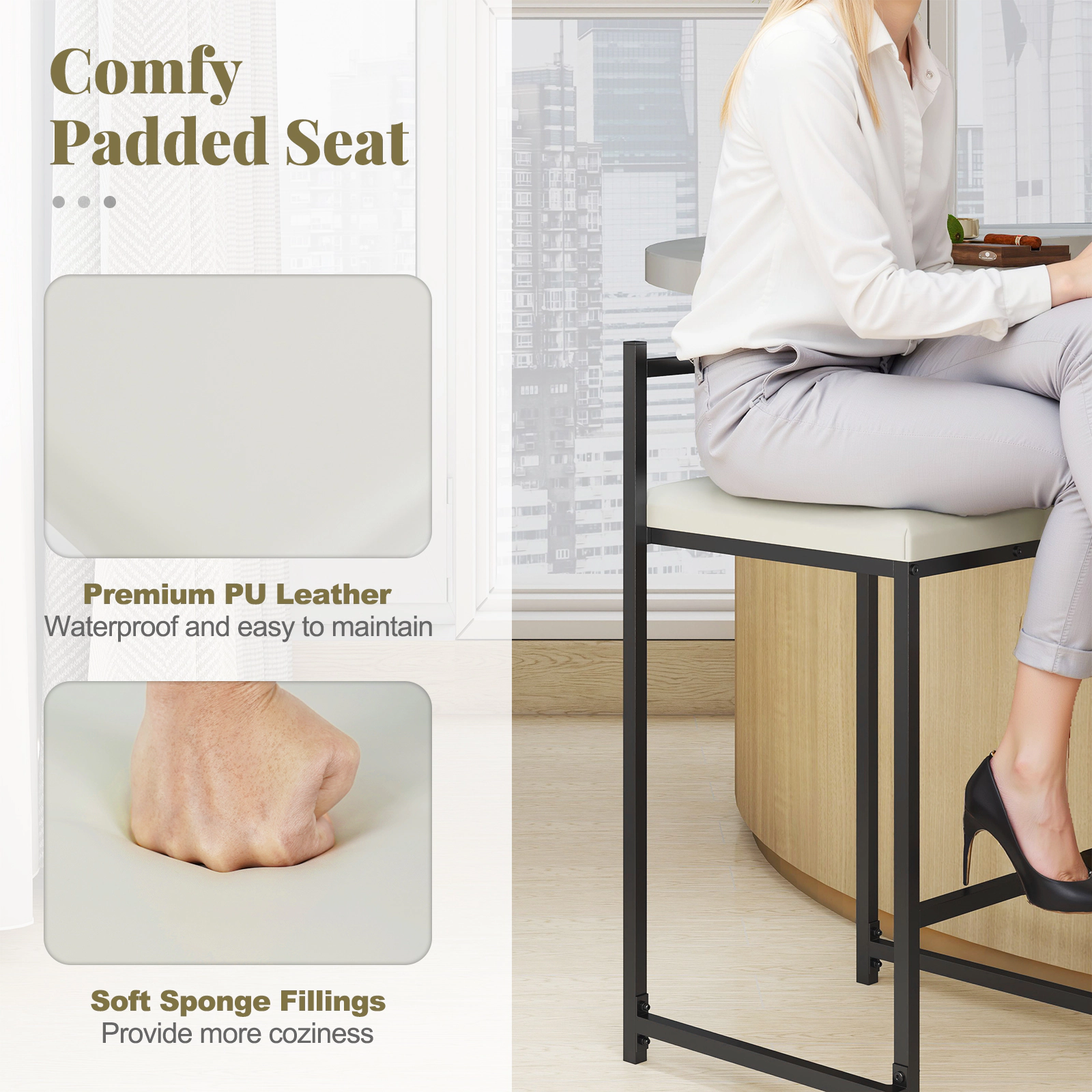 Glintex 2-Piece 26-Inch Stackable Counter Stool Set with PU Leather Seat, Black