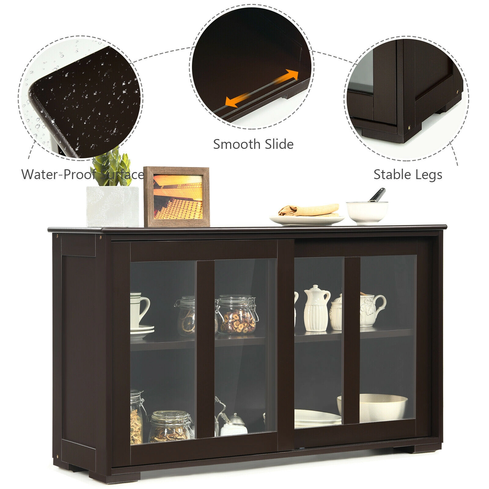 SUGIFT Sliding Tempered Glass Doors Adjustable Shelf Sideboard Cupboard 42-in x 13-in x 24.5-in 2 Shelves Brown