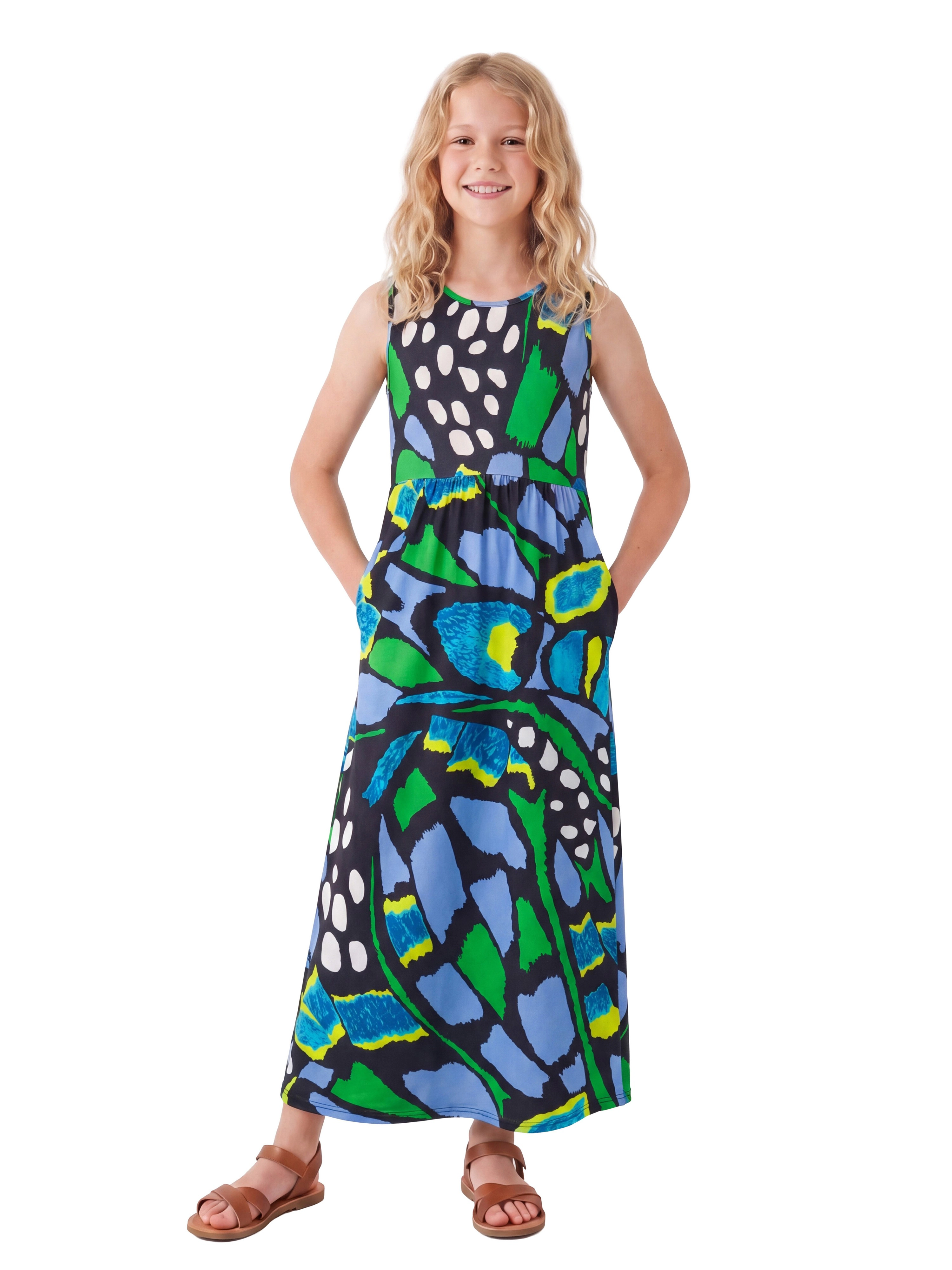 24sevenKid Essential Girls Blue Butterfly Print Sleeveless Maxi Pocket Dress