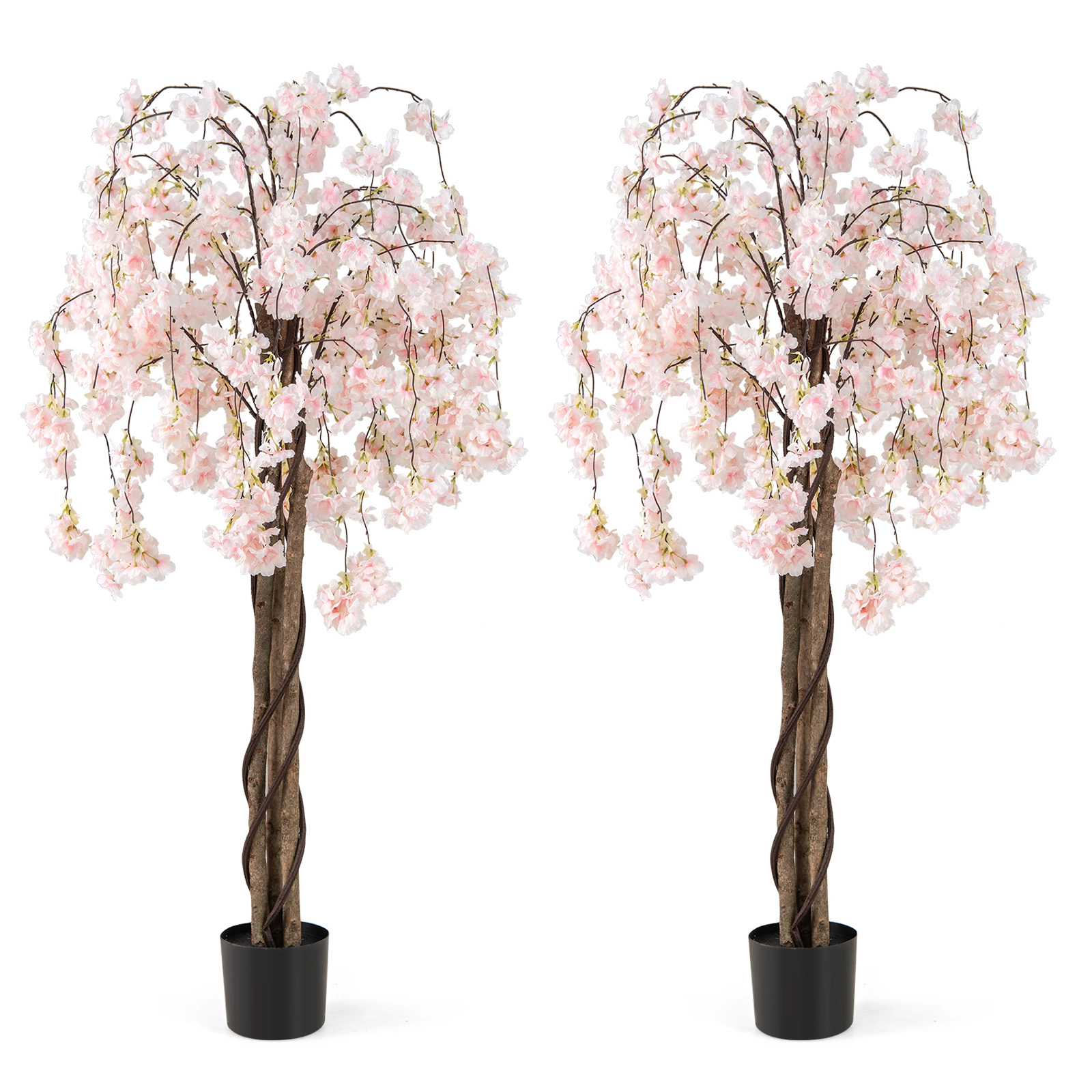 SUGIFT 5.5-ft Tall Artificial Cherry Blossom Tree 2-Pack with Pink/White Flowers and Real Wood Trunks in Pots White