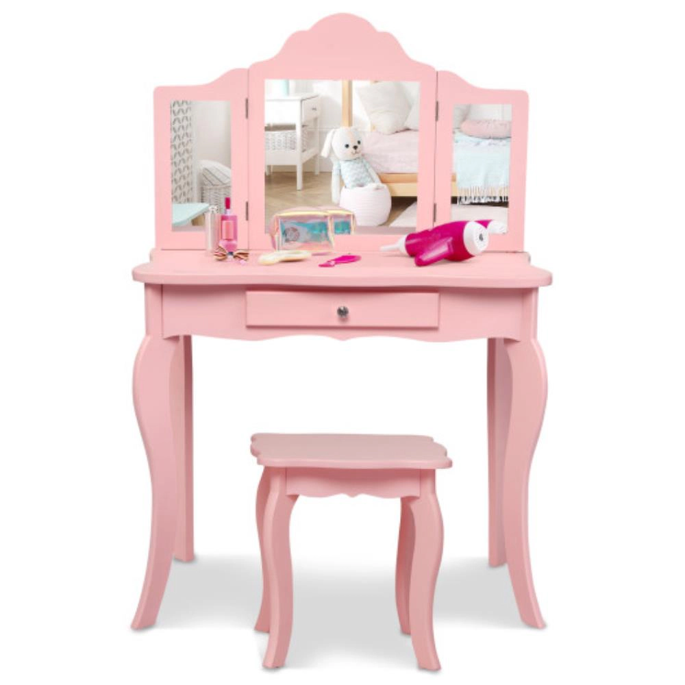 Hivvago Kids Makeup Dressing Mirror Vanity Table Stool Set