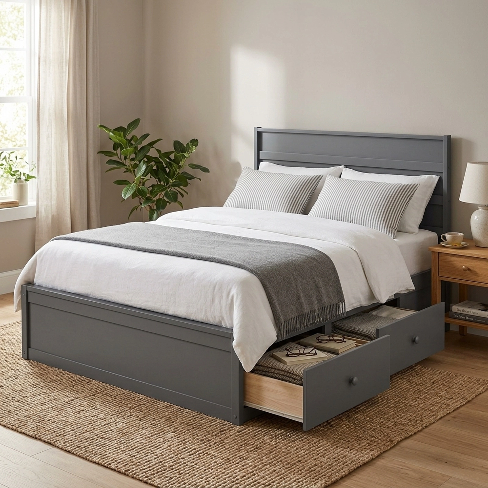SUGIFT Full-Size Wooden Platform Bed with Headboard and 2 Storage Drawers, Gray