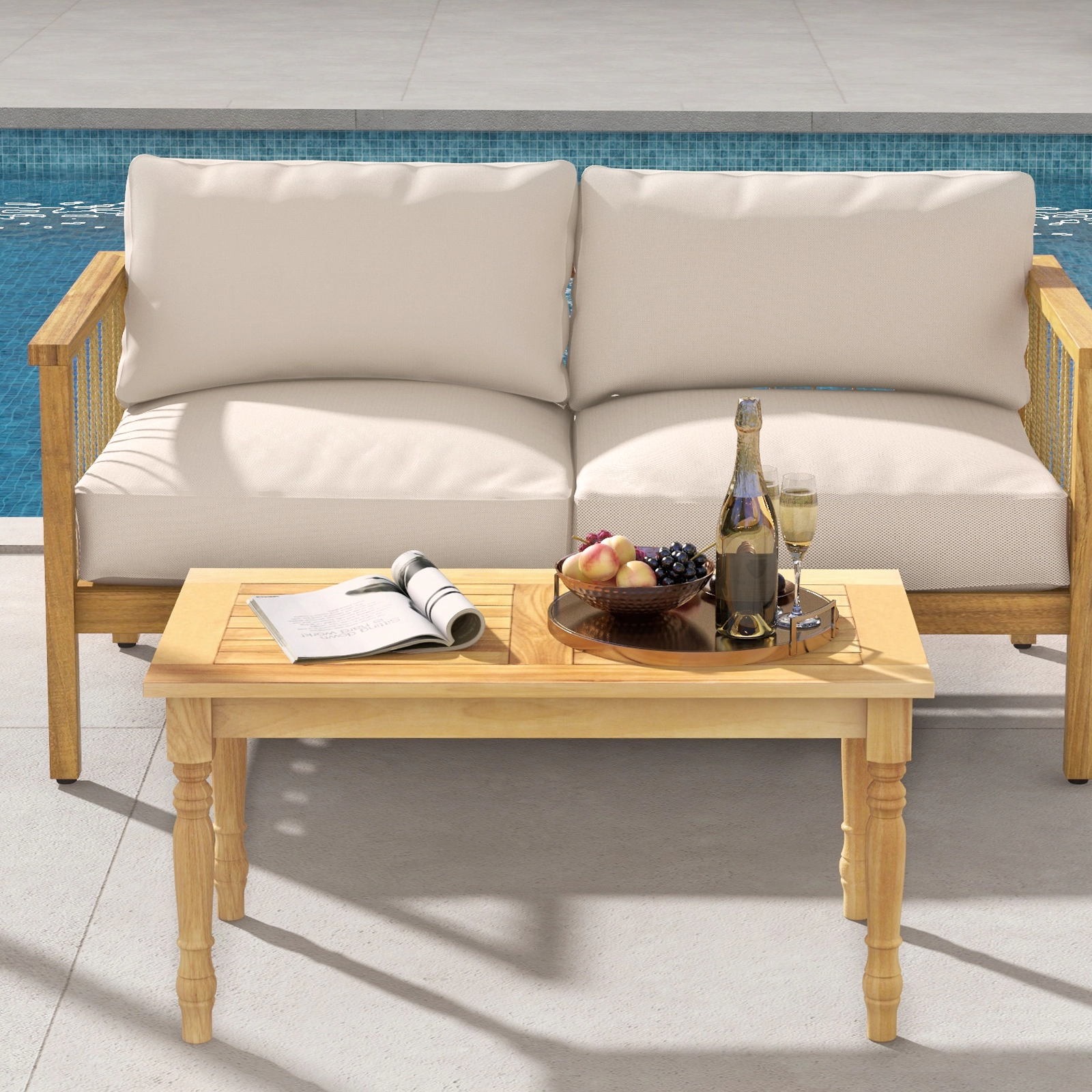 SUGIFT 35.5-in 90-lb Capacity Solid Teak Wood Outdoor Coffee Table with Slatted Draining Tabletop