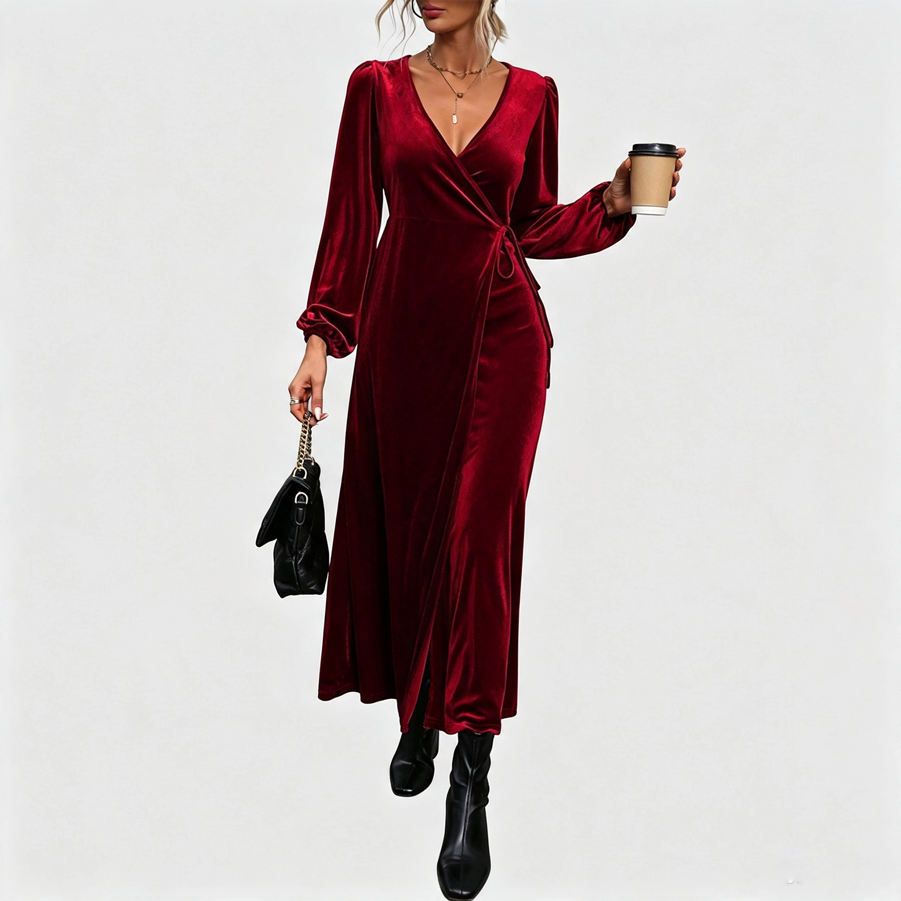 YesFashion Womens Velvet Maxi Dress Fall Winter Long Sleeve V Neck Ruched Waist Wrap