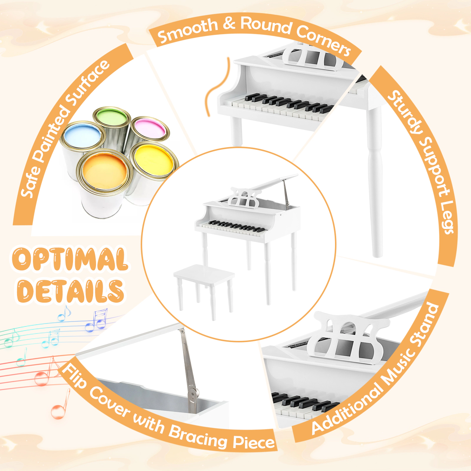 SUGIFT White 30-Key Wood Kids Grand Piano with Bench Music Rack and Child-Friendly Curved Angles