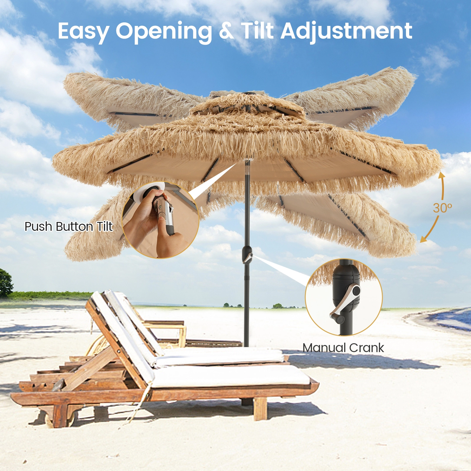 SUGIFT Natural 32 LED Lights and 8 Metal Ribs 9 FT Solar Thatched Tiki Patio Umbrella