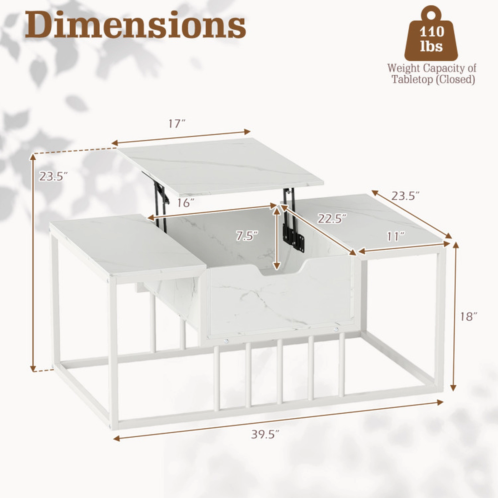 SUGIFT 39.5-in 110-lb Capacity White Lift Top Coffee Table with Gas Struts and Hidden Compartment