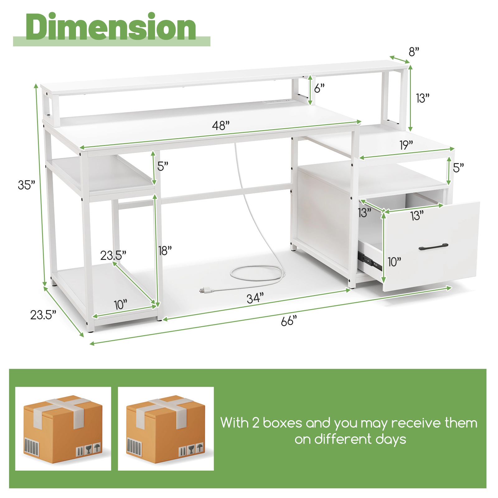 SUGIFT 67 in Computer Desk White with Monitor Stand File Drawer and Power Outlets