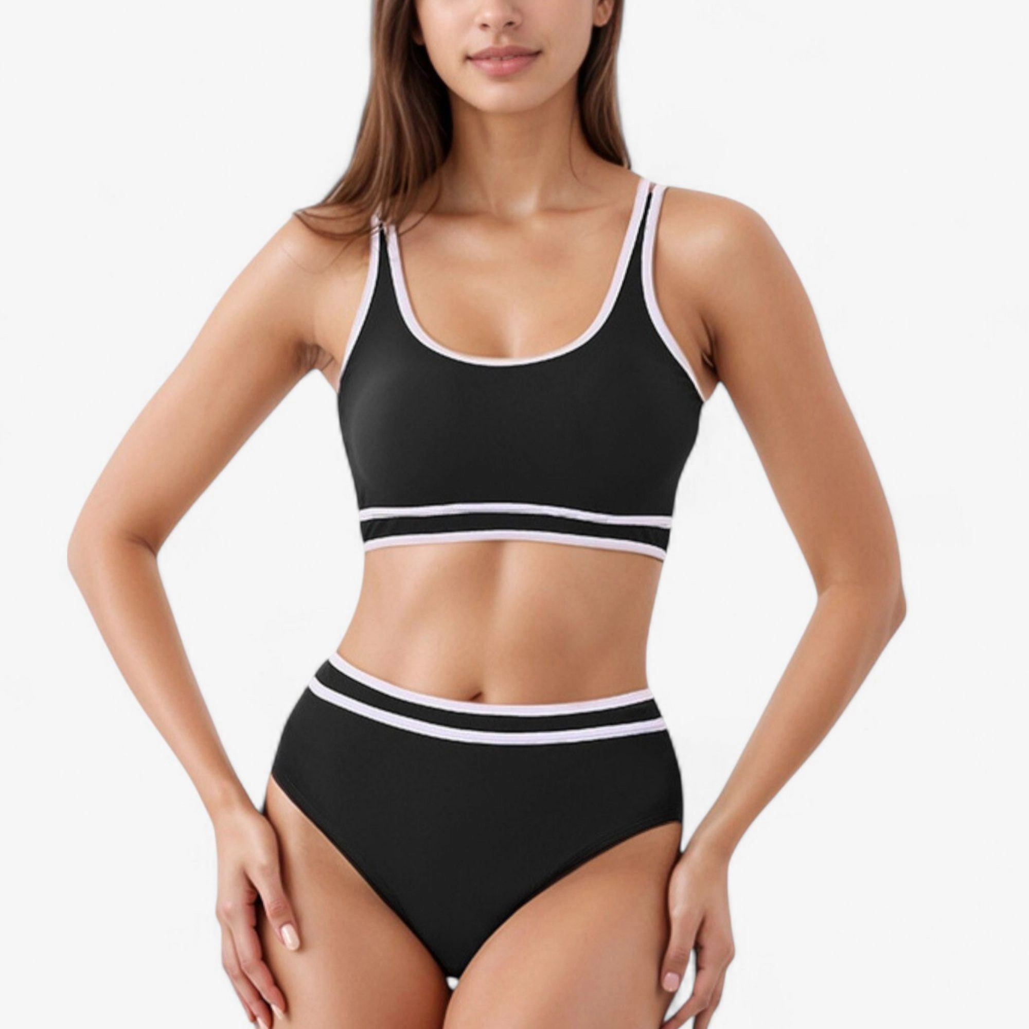 Anna-Kaci Sporty High-Waist Bikini Set, Scoop Neck Crop Top and High-Rise Bottoms