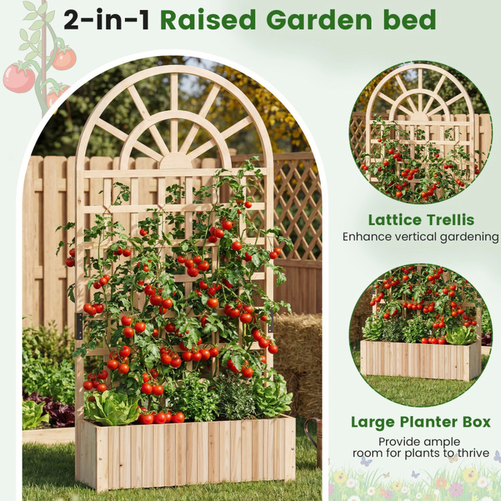 SUGIFT Natural Wood Raised Garden Bed with 71-in Lattice Trellis Privacy Screen 36-in W 12-in D 88-lb Box Capacity