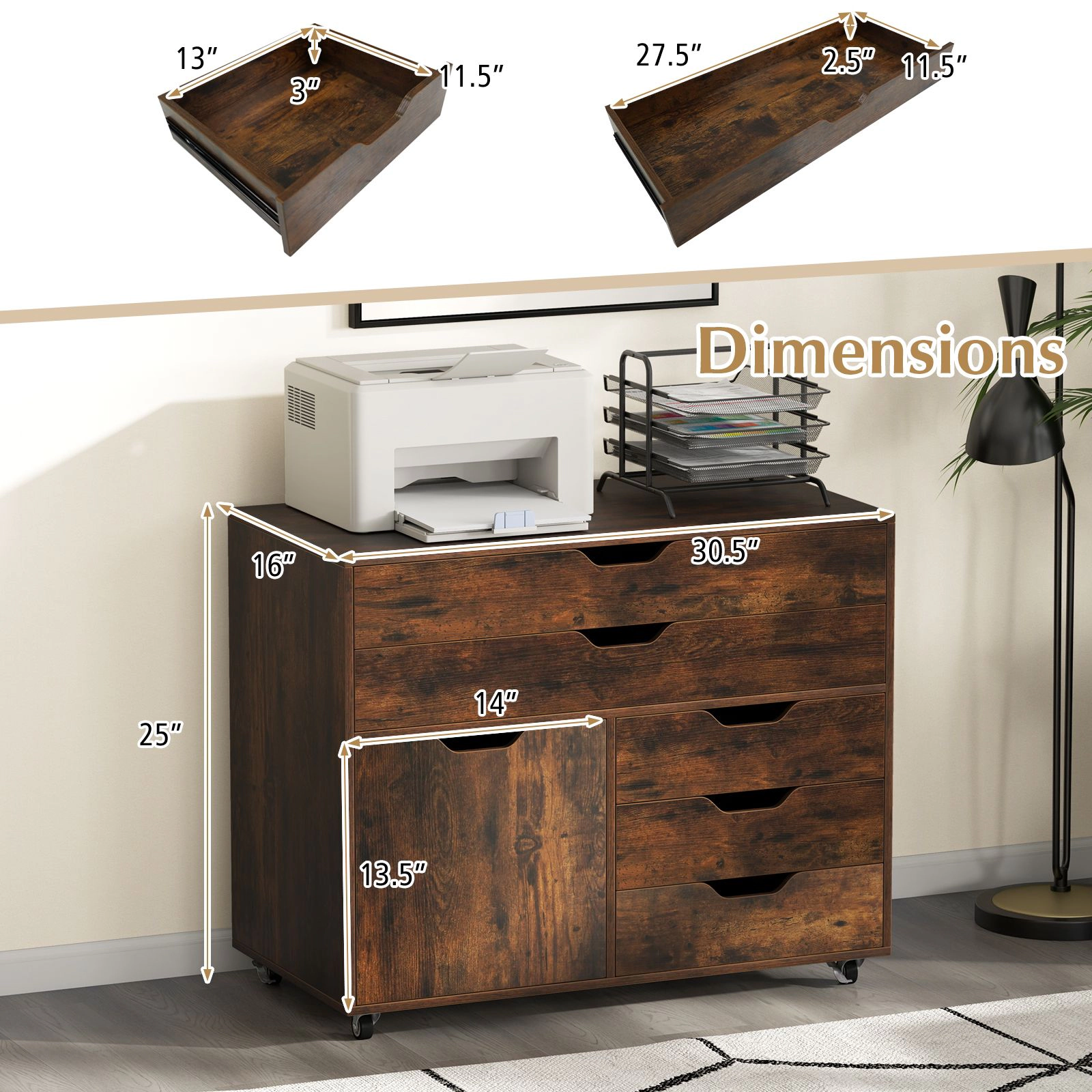Slickblue 5 Drawer Mobile Storage Cabinet with Door and Wheels