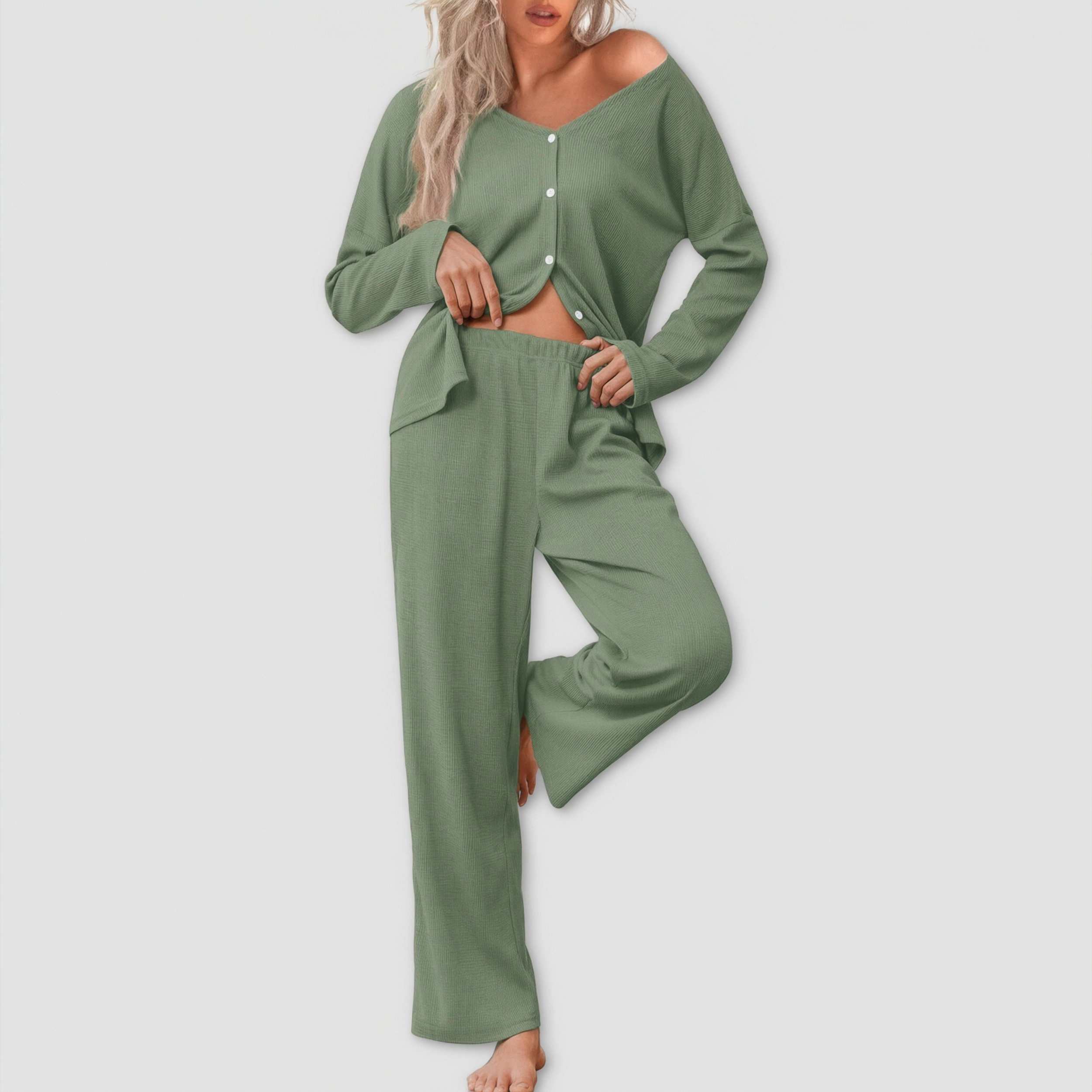 Ekouaer Womens Waffle Knit Pajamas Long Sleeve Lounge Set Button Up Loungewear with Pockets