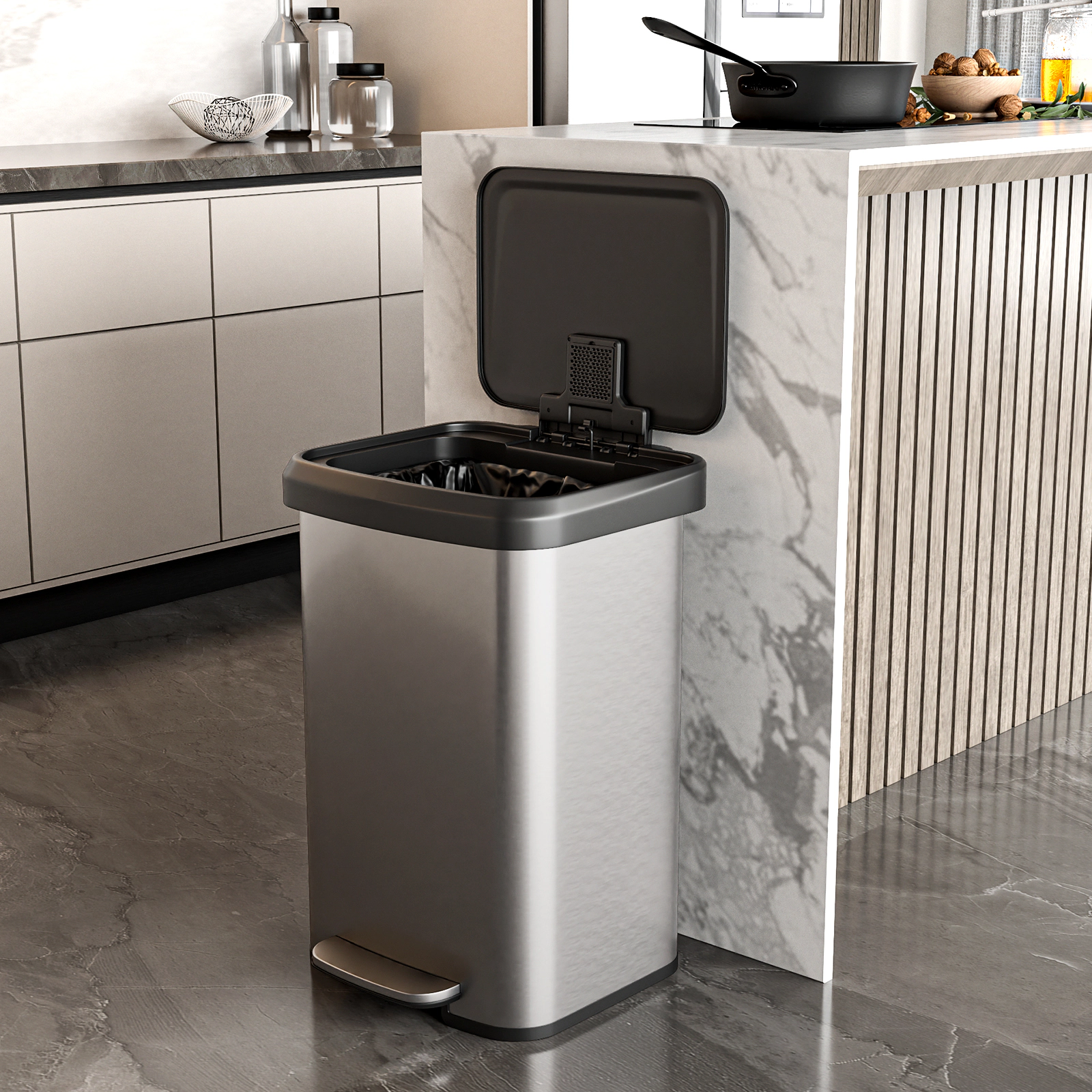 SUGIFT 13-Gal Silver Stainless Steel Step Trash Can with Soft Close Damper Lid and Deodorizer Compartment