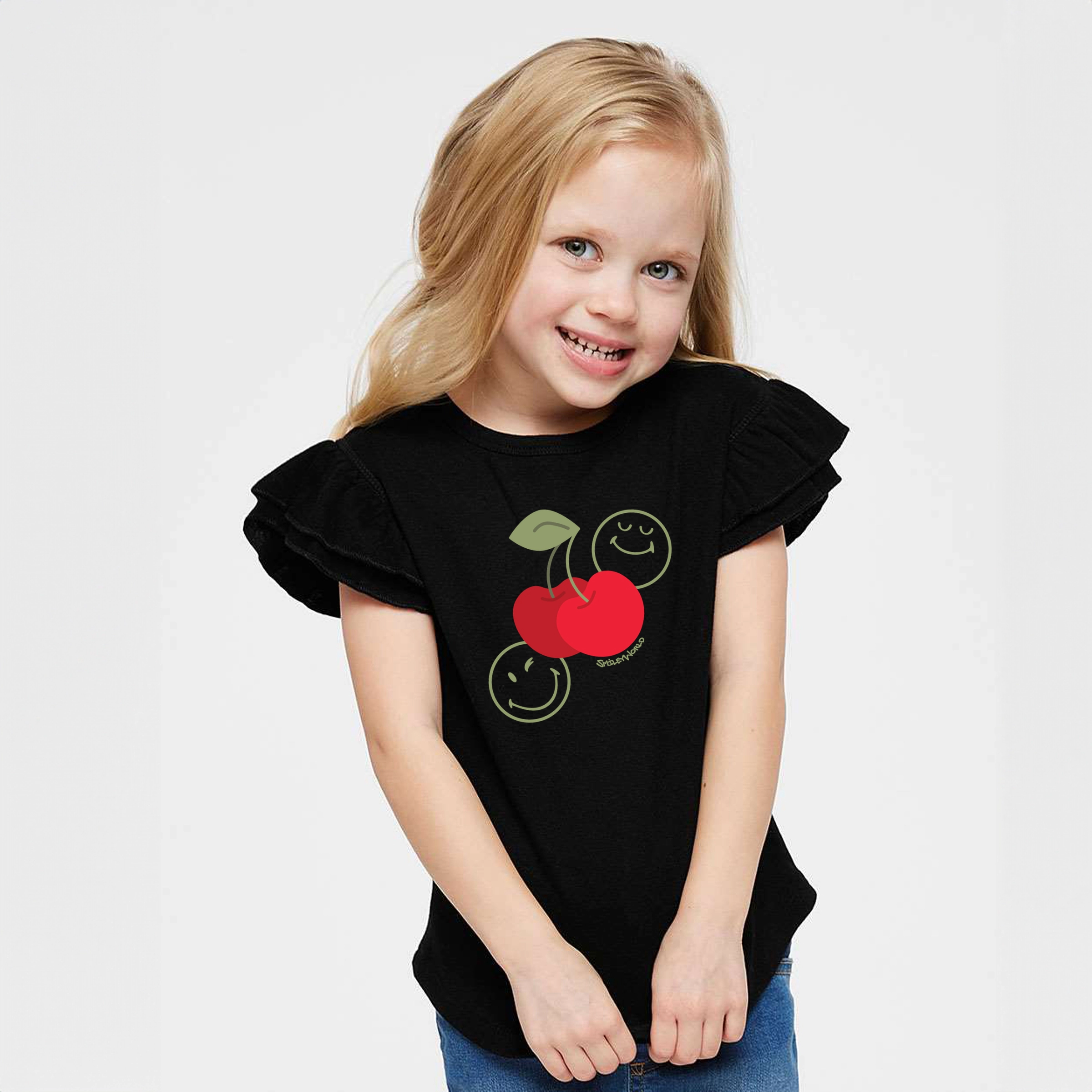 The Juniper Shop - Girl's Flutter Sleeve Graphic T-Shirt SmileyWorld Cherry Bunch