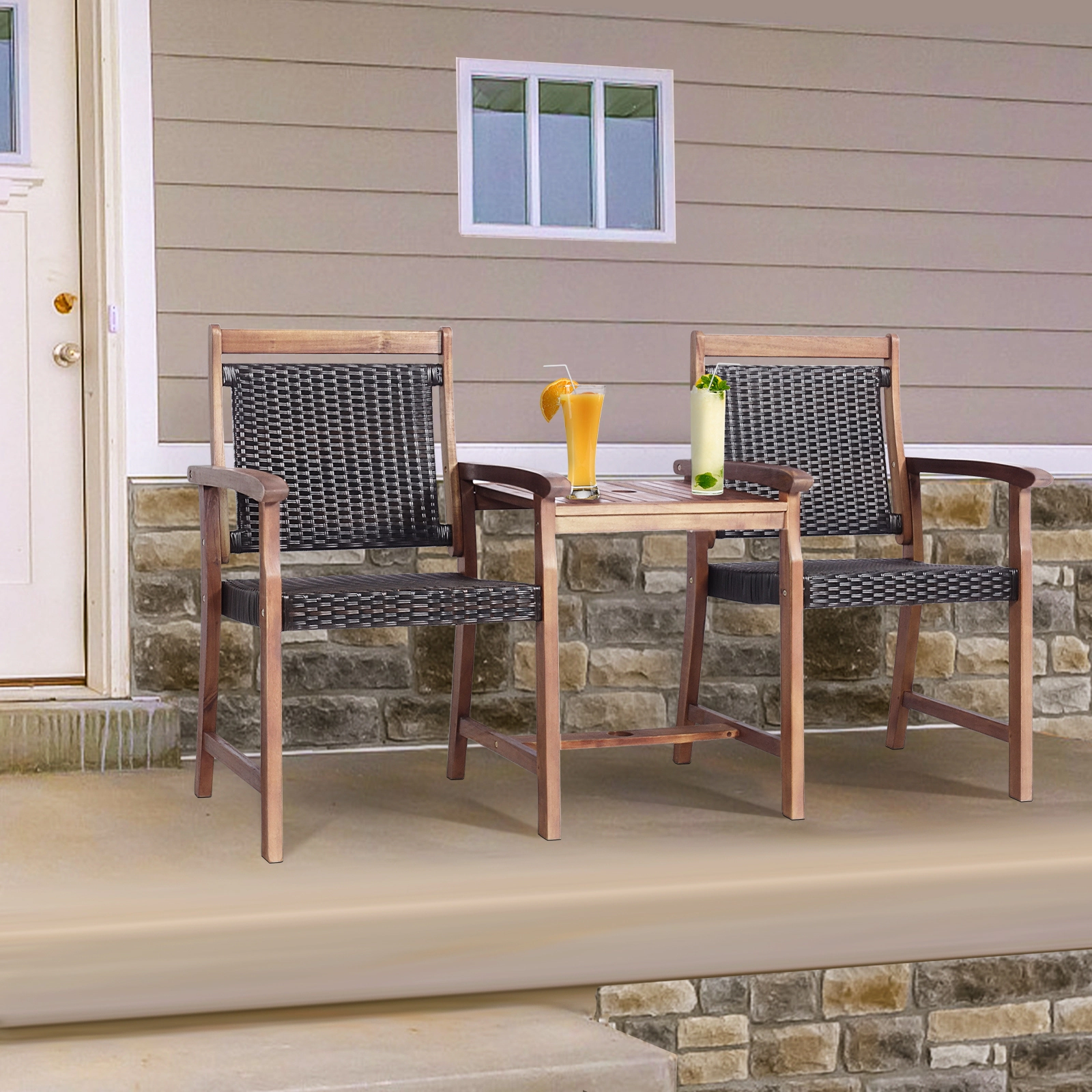 LJG 2-Seat Patio Rattan Acacia Wood Chair with Coffee Table