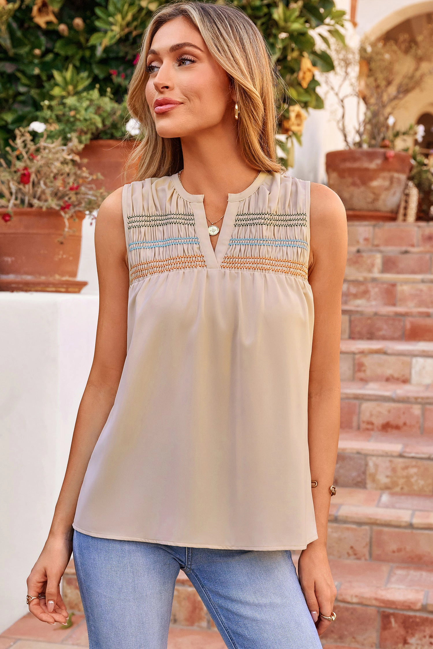 Threaded Pear Womens Josephine Smocked Bust Sleeveless Shift Top - Apricot