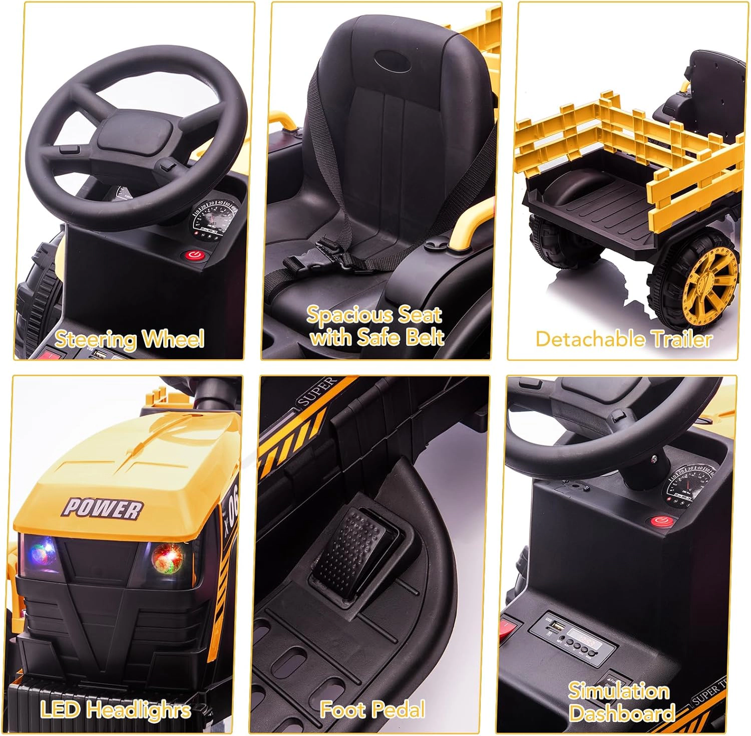 Enjyam 12V Kids Ride On Tractor w/Remote, 7Ah Battery, Dual 35W Motors, Detachable Trailer, LED Lights, Music