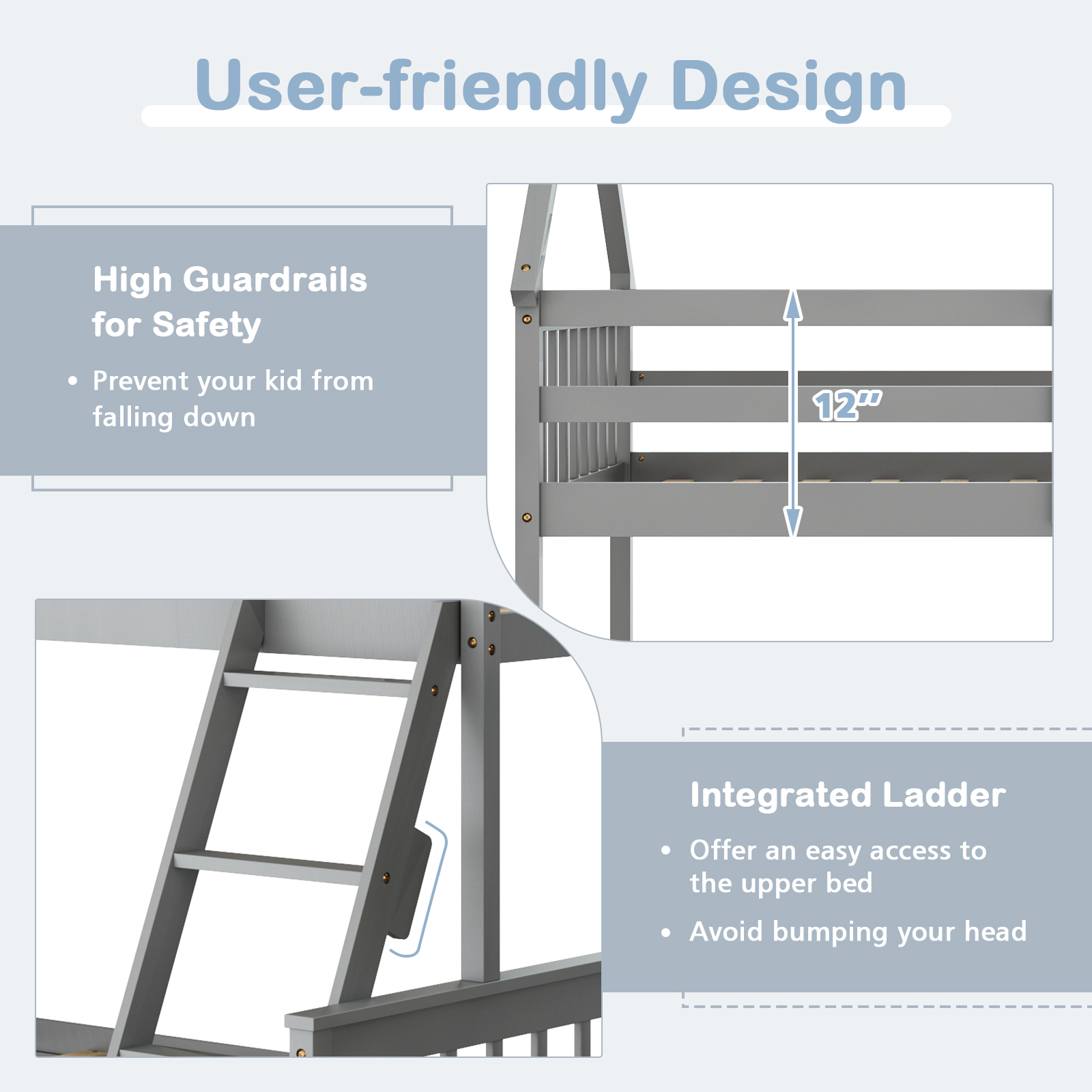 SUGIFT Gray Ladder Roof Frame and Guardrails Twin Over Full Kids House Bunk Bed