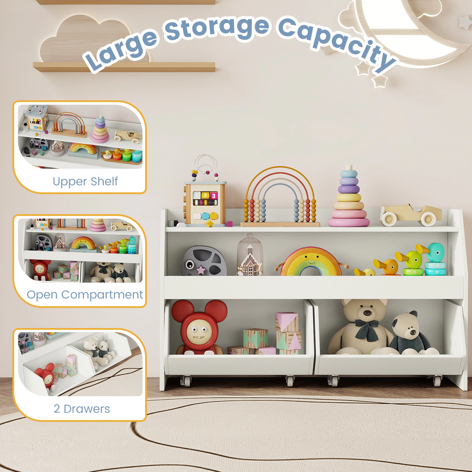 SUGIFT Kids Toy Storage Organizer Wooden Bookcase with 2 Movable Drawers 176-lb Capacity 3+ Years Gray/ White