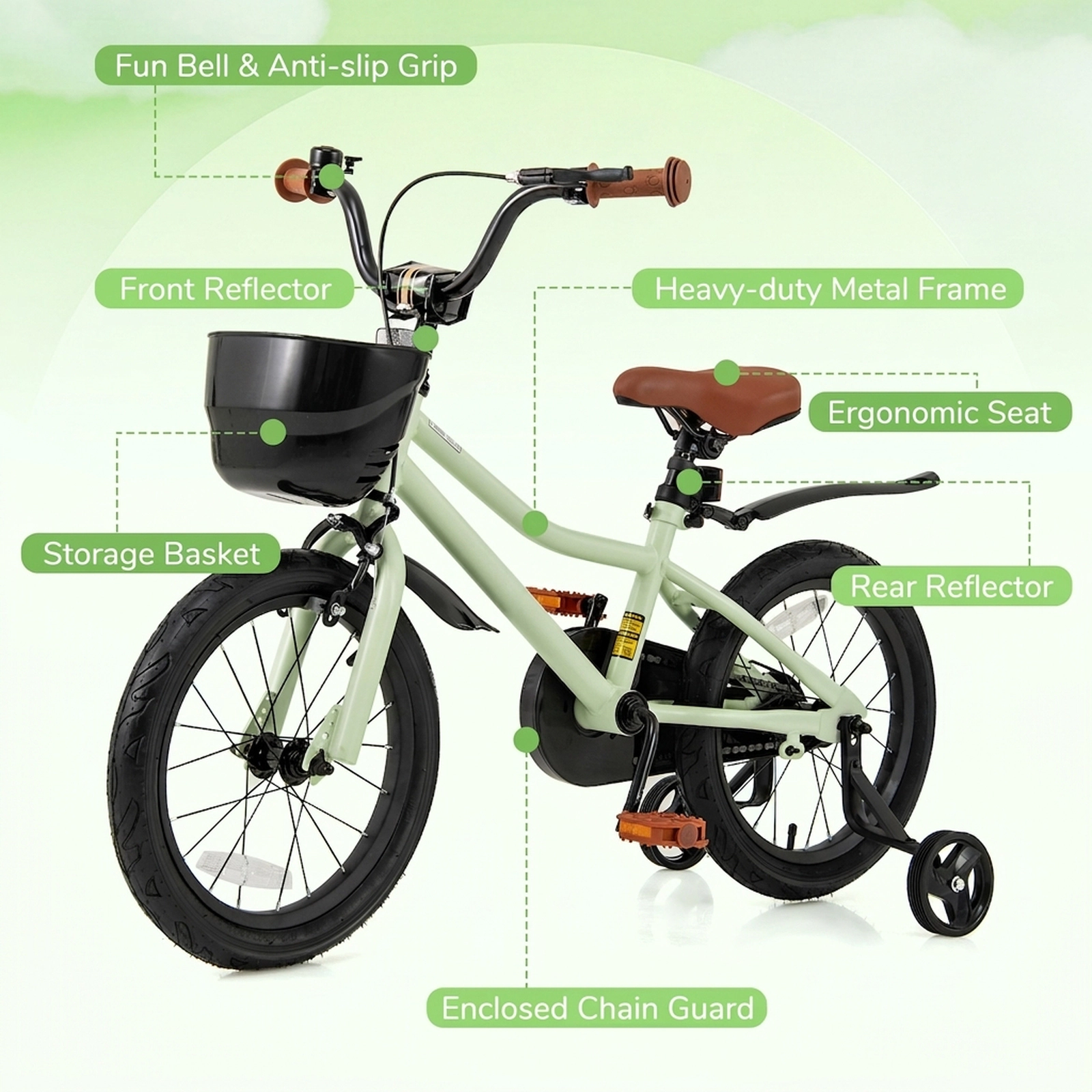 SUGIFT Green Removable Training Wheels Quick Release Seat and Reflectors Kids 16 Inch Bike