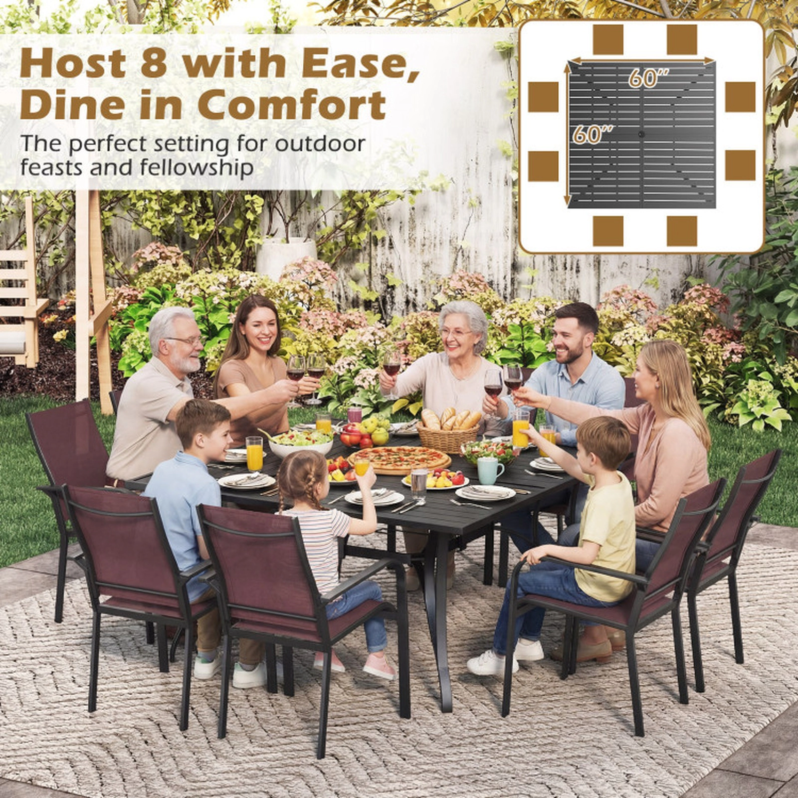SUGIFT 8-Person Metal Slatted Top Umbrella Hole Square Patio Dining Table 60-in x 60-in x 30-in 330-lb Capacity Black