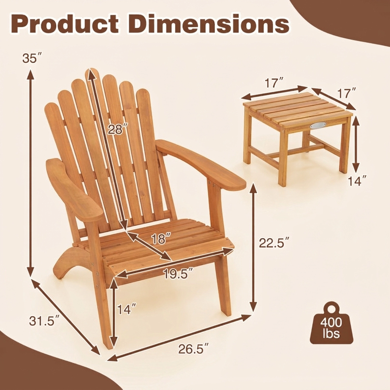 SUGIFT 3-Piece Acacia Wood Adirondack Conversation Set with 2 Chairs and Side Table 400-lb Capacity Natural