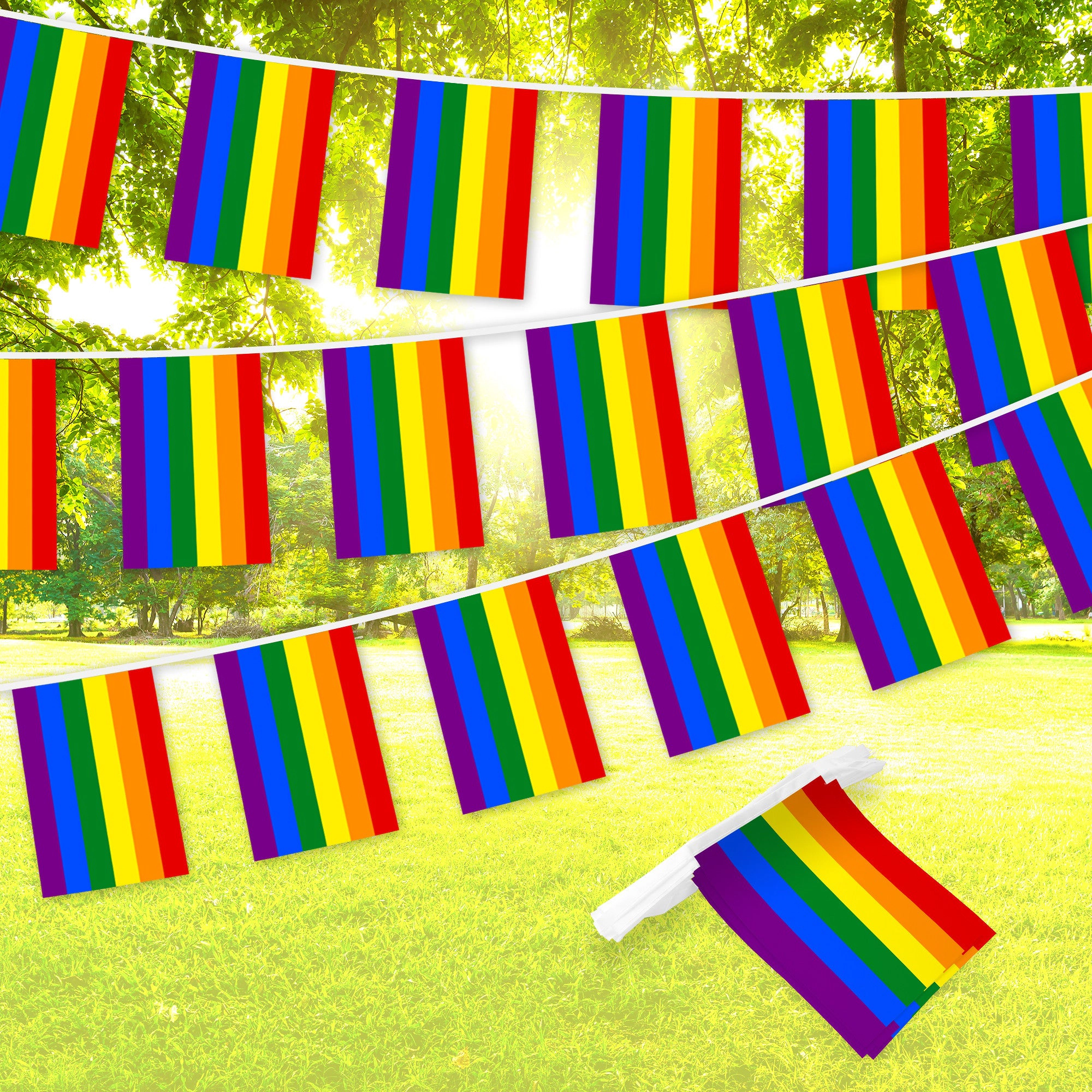 G128 Rainbow LGBT Pride Bunting Banner - 33 ft String with 38 Mini Flags, 150D Polyester, 8.2 x 5.5 in Flags