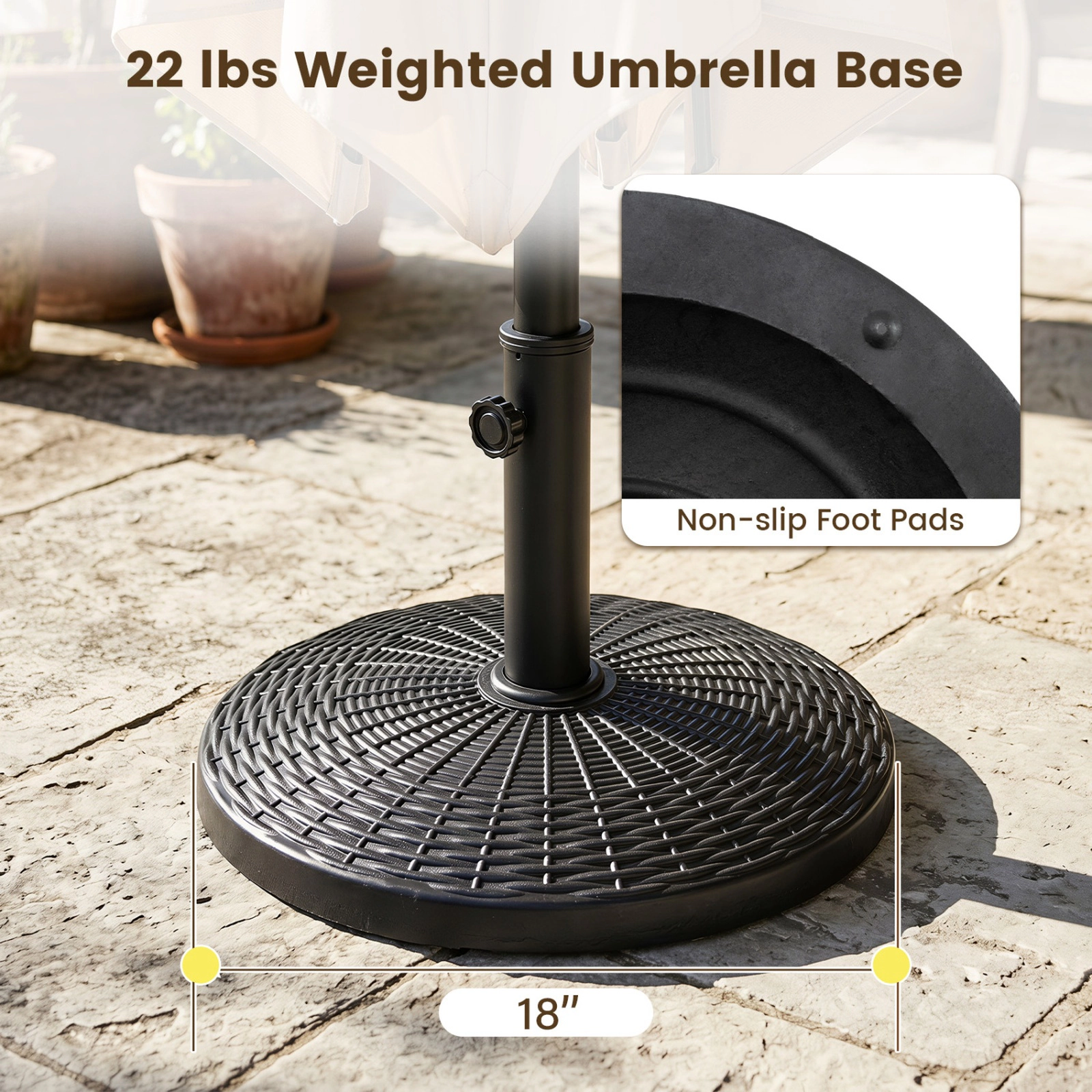 SUGIFT 22-lb Resin Patio Umbrella Base with Wicker Style Pattern 18-in Round 1.5-1.9-in Pole Compatible Bronze/Black
