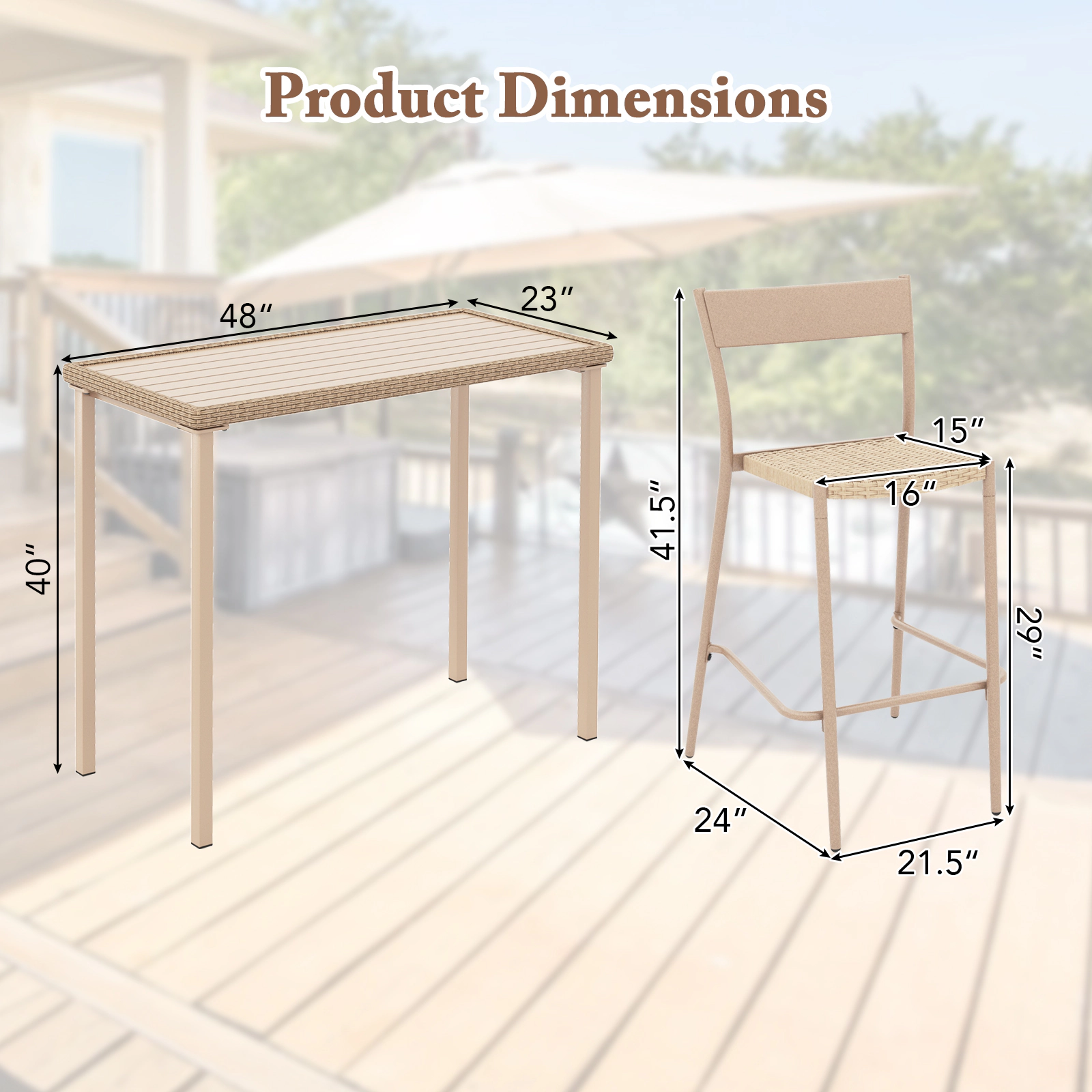 SUGIFT 3-Piece Outdoor Patio Bar Set, 48-Inch Table and 2 Stackable Armless PE Rattan Chairs