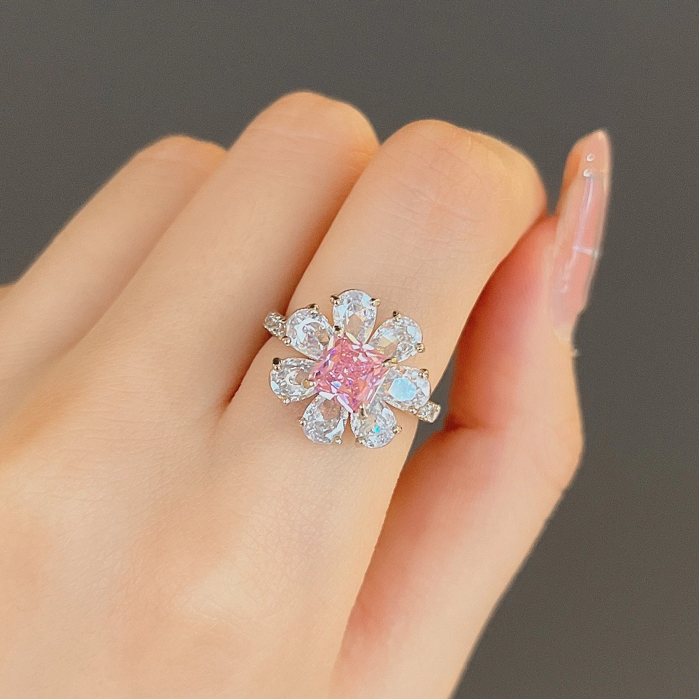 Romantic Flower Zircon Ring Fashion Pink Cherry Blossom Ring