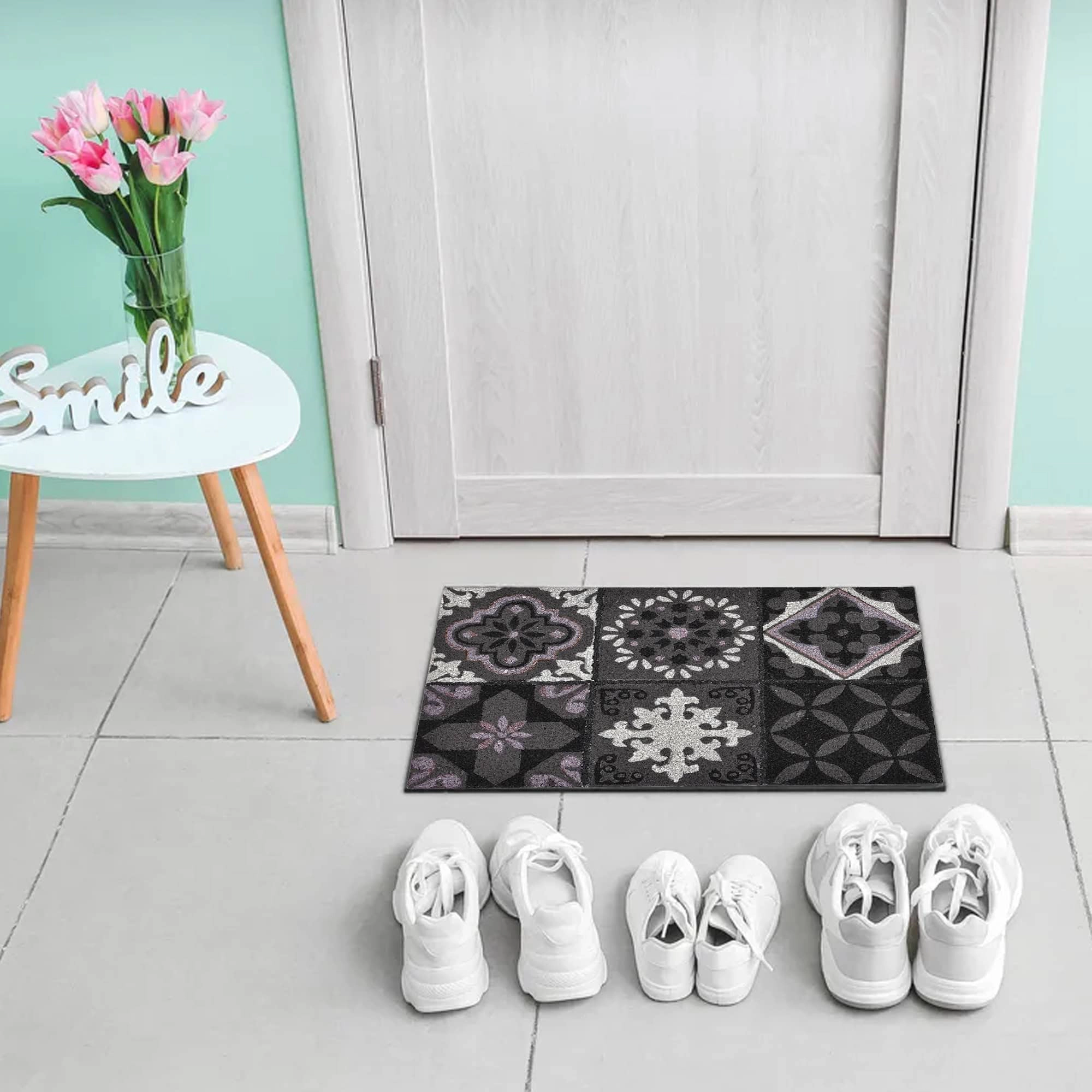 Evideco French Home Goods Gray Cement Tile Coir Doormat 24 x 16 Inches