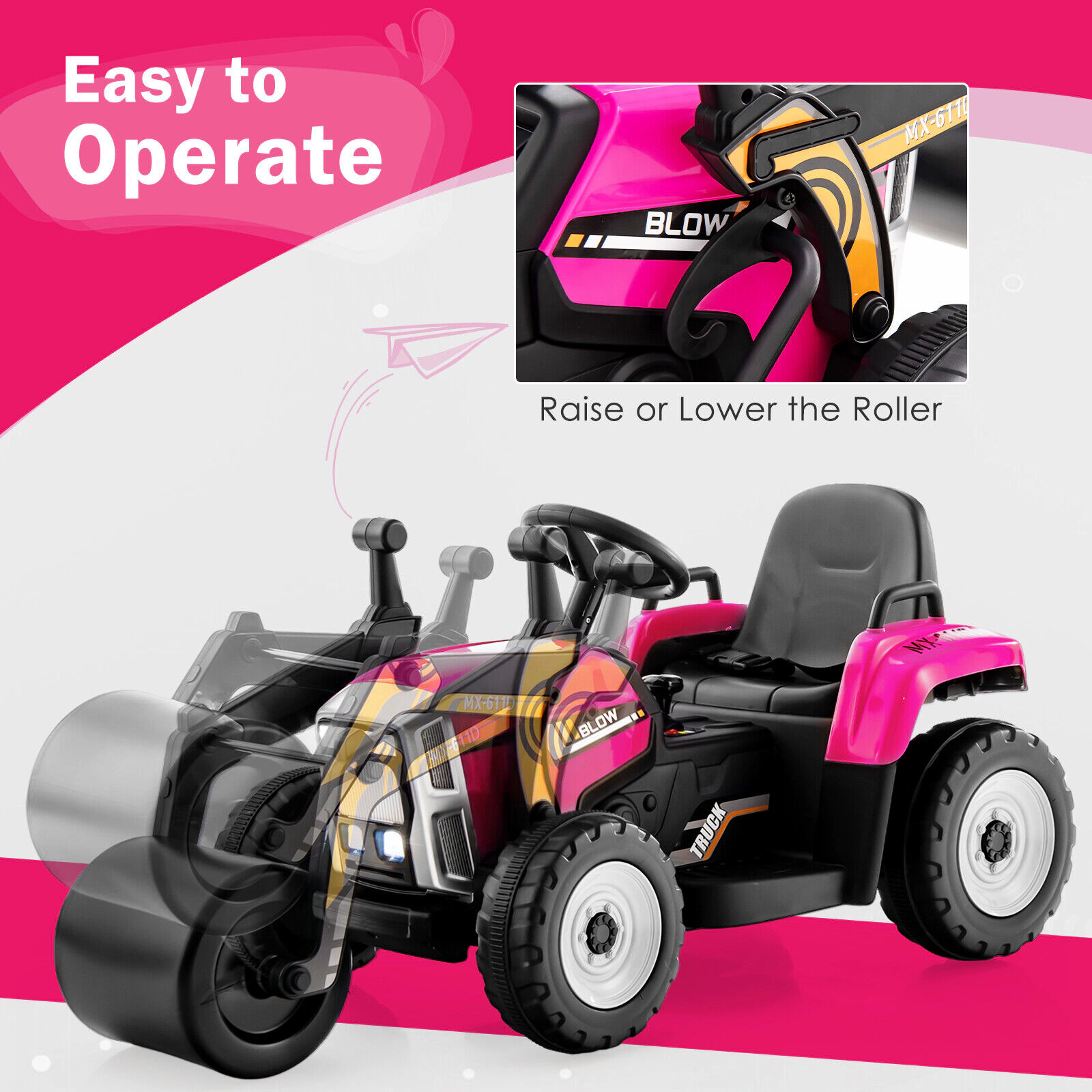 SUGIFT Adjustable Drum Remote Control and LED Lights Kids 12V Ride On Road Roller