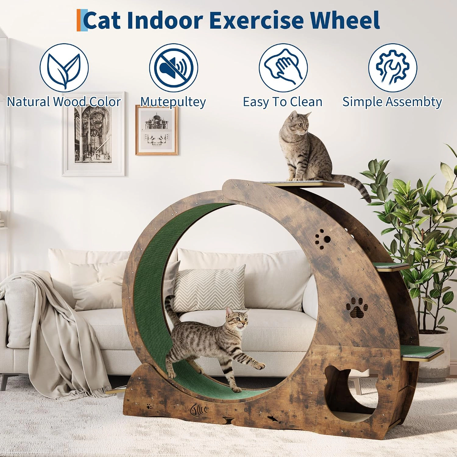 85cm Inner-Diameter Multi-Function Cat Exercise Wheel, Density-Board Cat Running Treadmill, Retro Brown