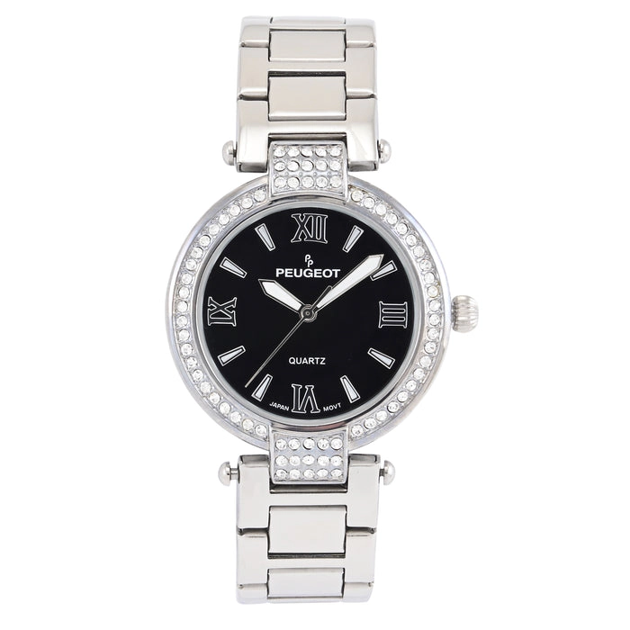 Peugeot Women 38mm Silver Bracelet Watch Black Dial With Crystal Bezel