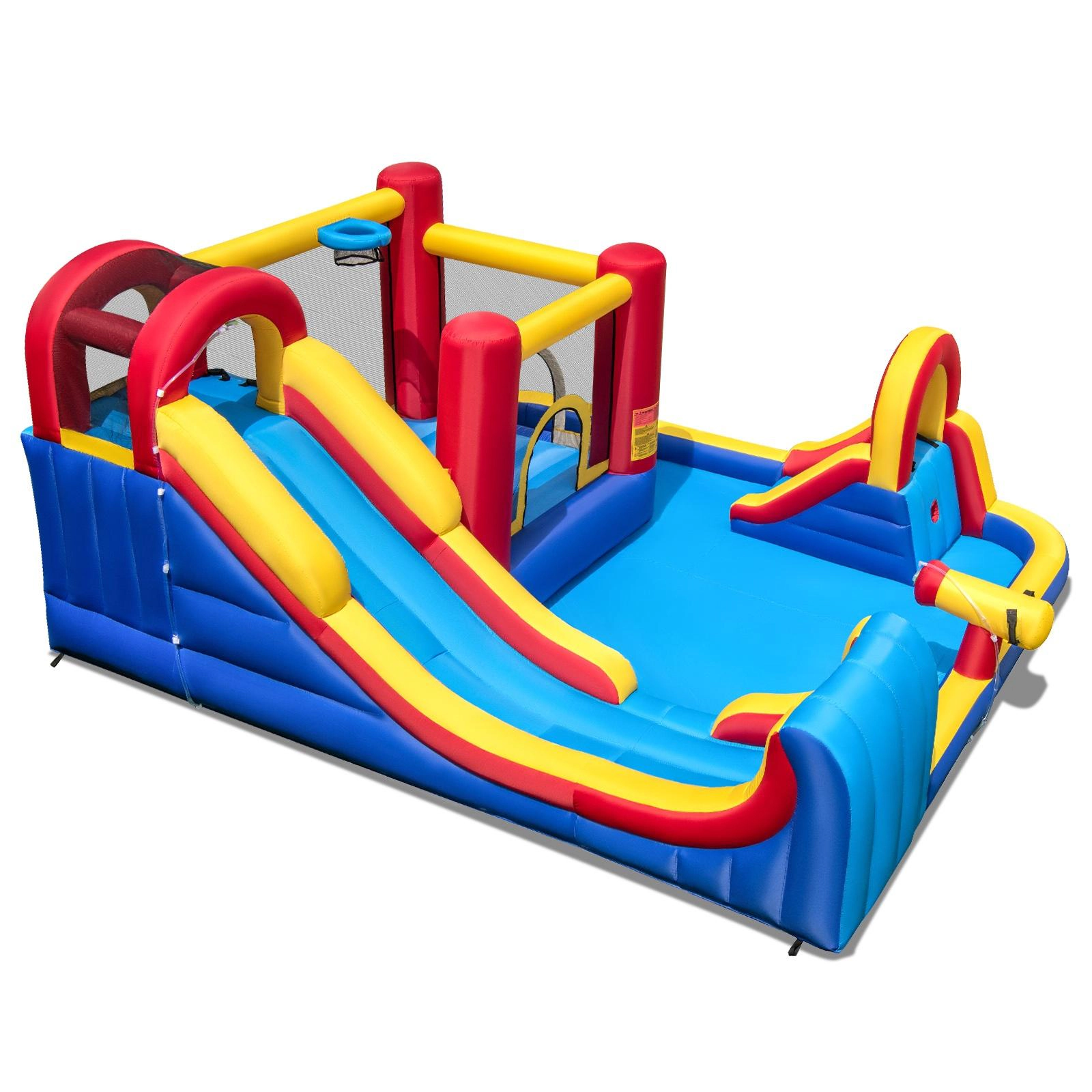 SUGIFT Dual Slides Surfing Run-Out and 680W Blower 7-in-1 Kids Inflatable Bounce House