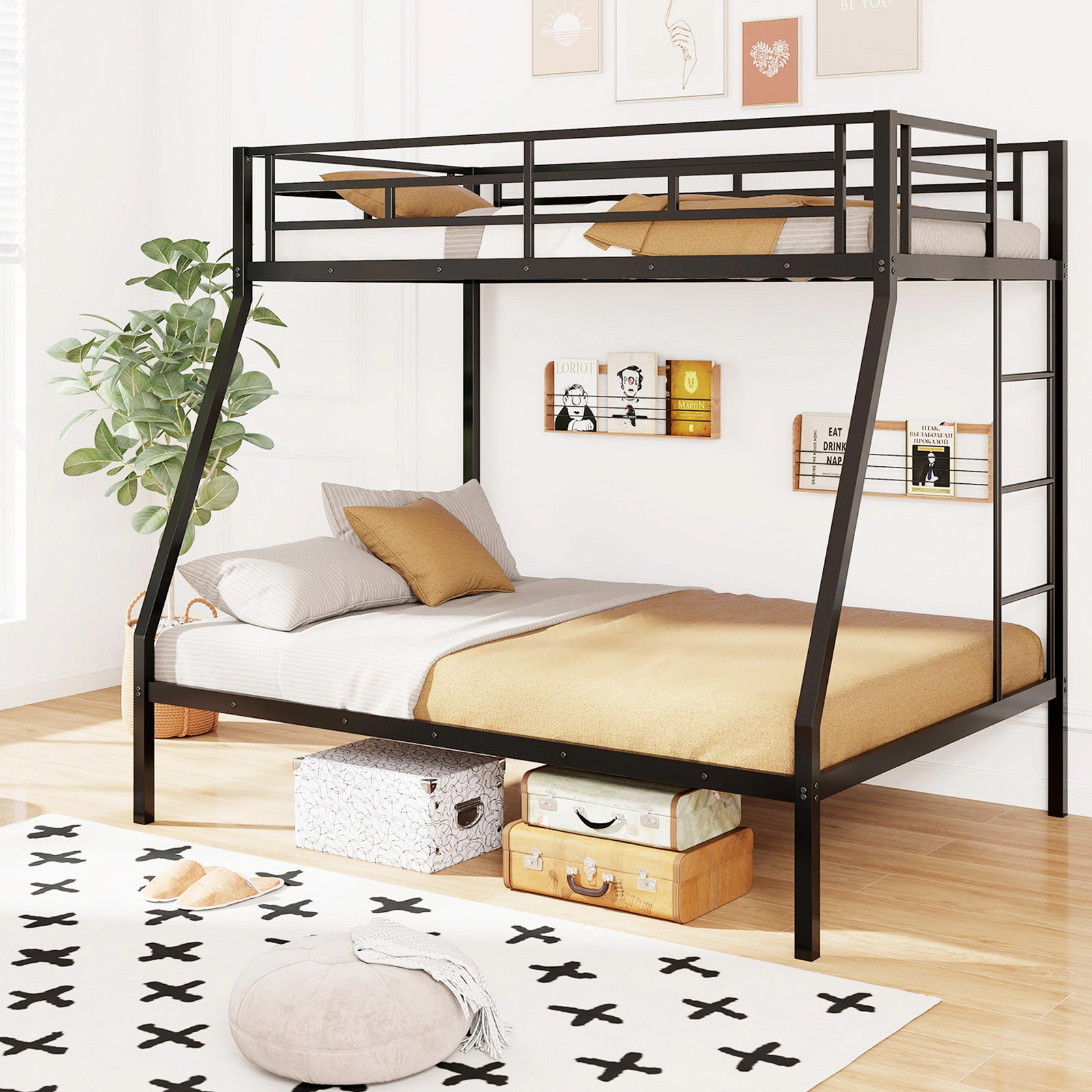 SUGIFT Space-Saving Twin-Over-Full Metal Slatted Bunk Bed Frame 440/660-Lb Capacity No Box Spring Needed Black/White